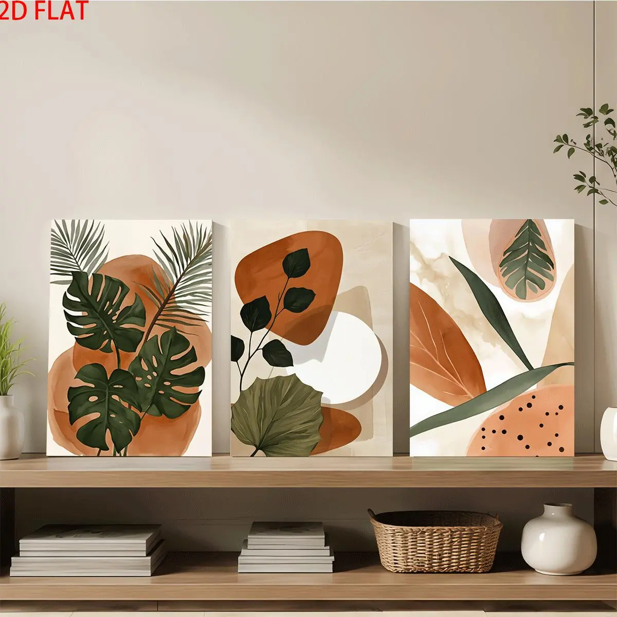 3pc Wood Frame 2D Flat Canvas Wall Art - Tropical Leaf & Abstract Earth-Tone Paintings, Mountable Hanging Decor for Living Rooms - Ideal Gift for Family, Friends on Father's/Mother's Day, Mount