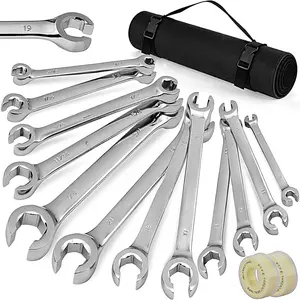 Flare Nut Wrench Set, equipped with PTFE tape, includes metric and imperial brake pipe wrenches, sizes 1/4"-7/8" and 9-21 mm, double-opening design, comes with a storage bag, used for repairing and removing nuts