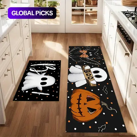 2Pcs Halloween BOO! Cat, okay. Pumpkin, cute ghost Floor mat set for farmhouse kitchen Floor Mats Rug restaurant floor laundry room decor carpet mat Home Decor Rugs Cool Theme Rug Kitchen Rug Sets #GLOBAL PICKS