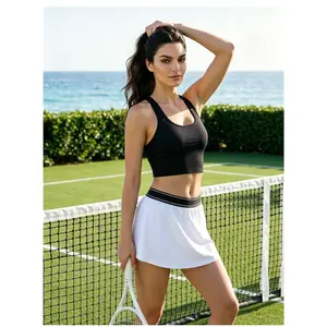 Women Double White Piping Waistband Black Tennis Skort, High Waist Built-In Liner Quick Dry A-Line Athletic Skirt for Tennis, Golf & Daily Casual