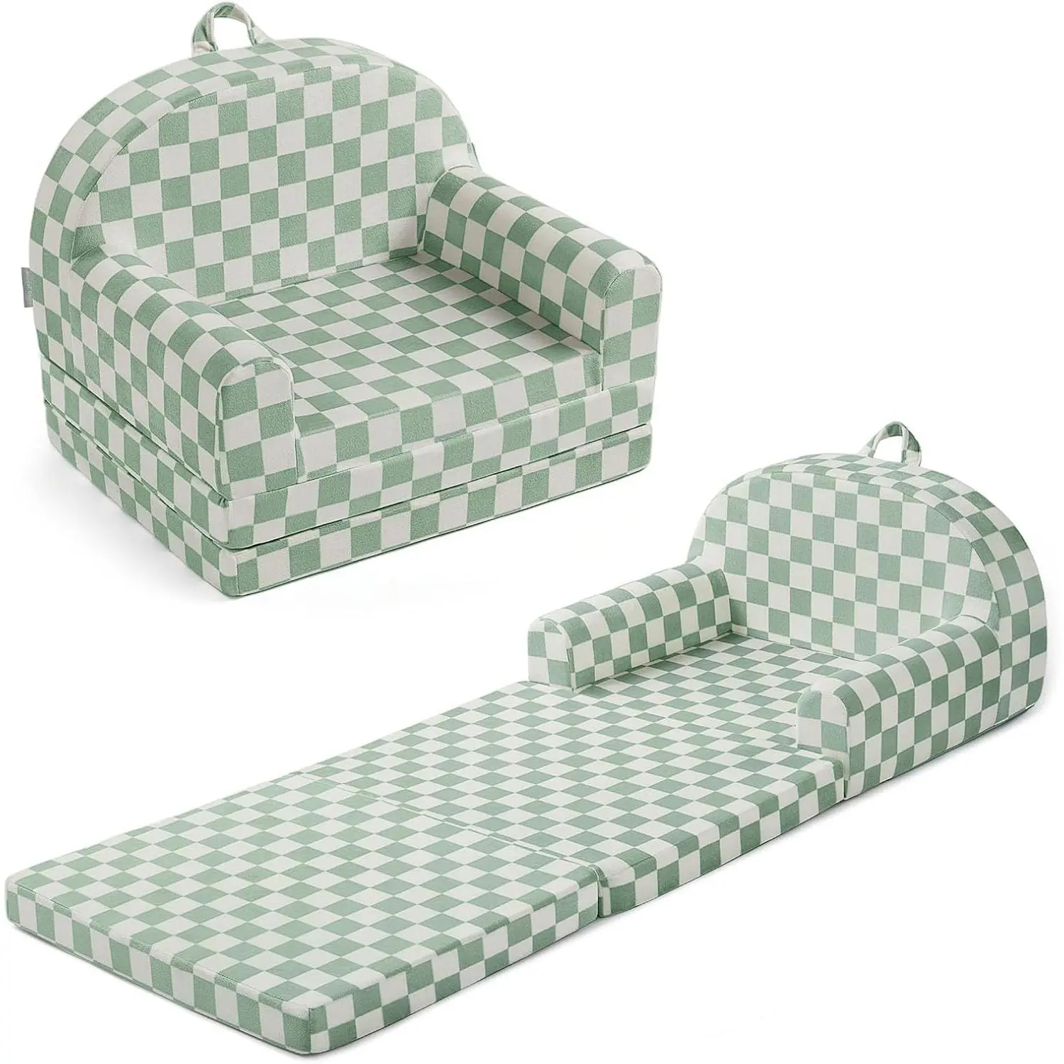 Kids Couch, 2-in-1 Soft Kids Sofa, Kids Sofa Chair, Comfy Kids Furniture for Playroom, Reading & Play, Checkered Sage