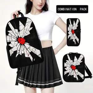 3pcs Midnight Rose Backpack Suitable for Ages 14+ with Adjustable Straps, Laptop Compartment & Zip Closure - Lightweight Bookbag, Travel with Applique & Print Details, Polyester Lining for, Daily Commute, Outings