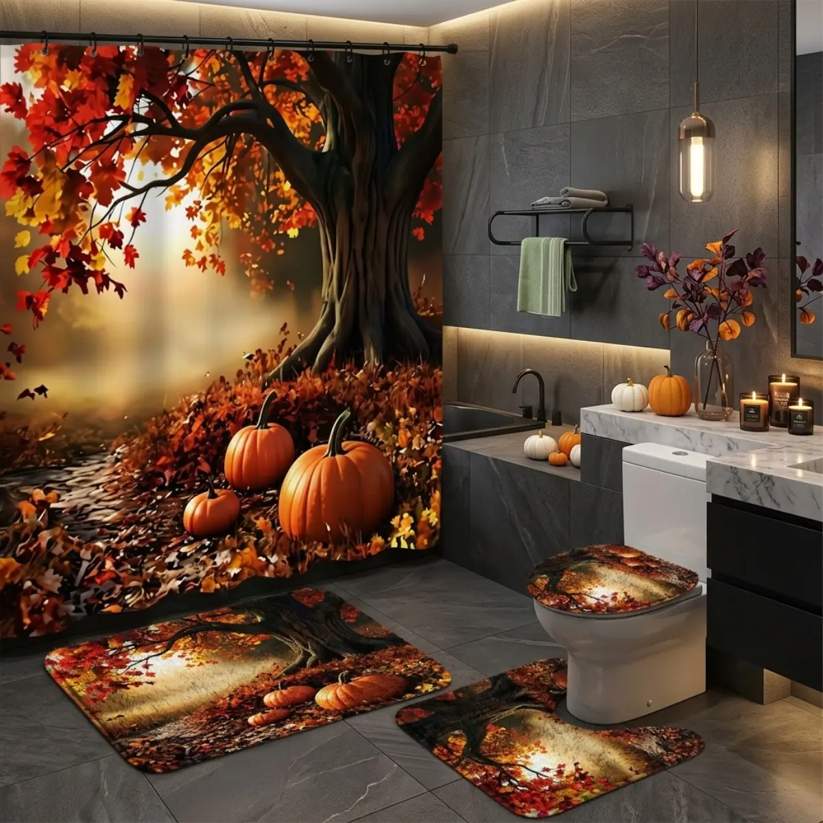 4pcs Autumn Fall Harvest Bathroom Decor Set, Shower Curtain Set for Bathroom, Pumpkin Tree Leaves Watercolor Shower Curtain Print, Cozy Thanksgiving Home Style, TikTok Shop Trending Bathroom Styling
