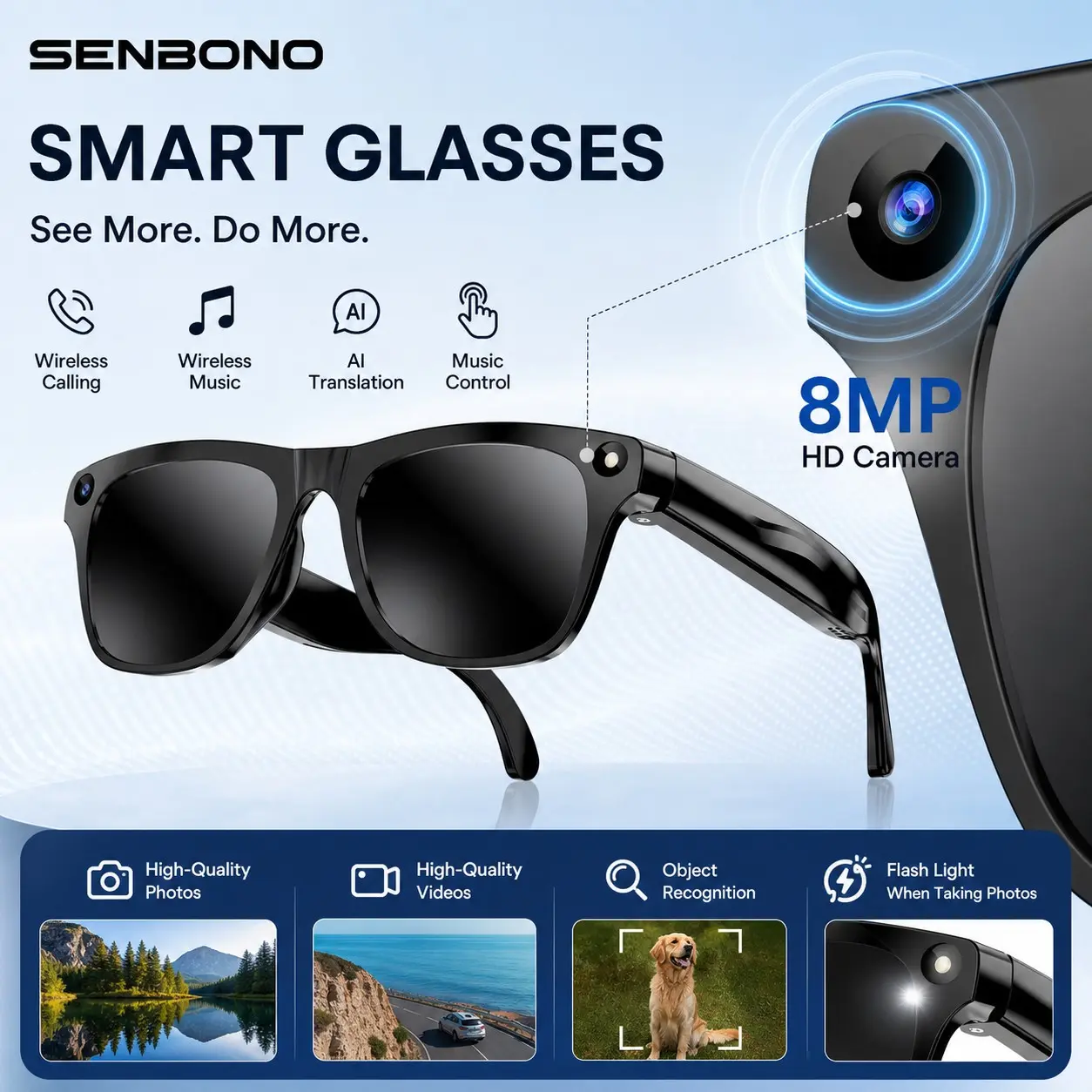 SENBONO Smart Audio Sunglasses with Ai Voice Assistant, Ai Translation, Object Recognition, 8mp Camera, Dual Mic Noise Cancellation, Fast Charging