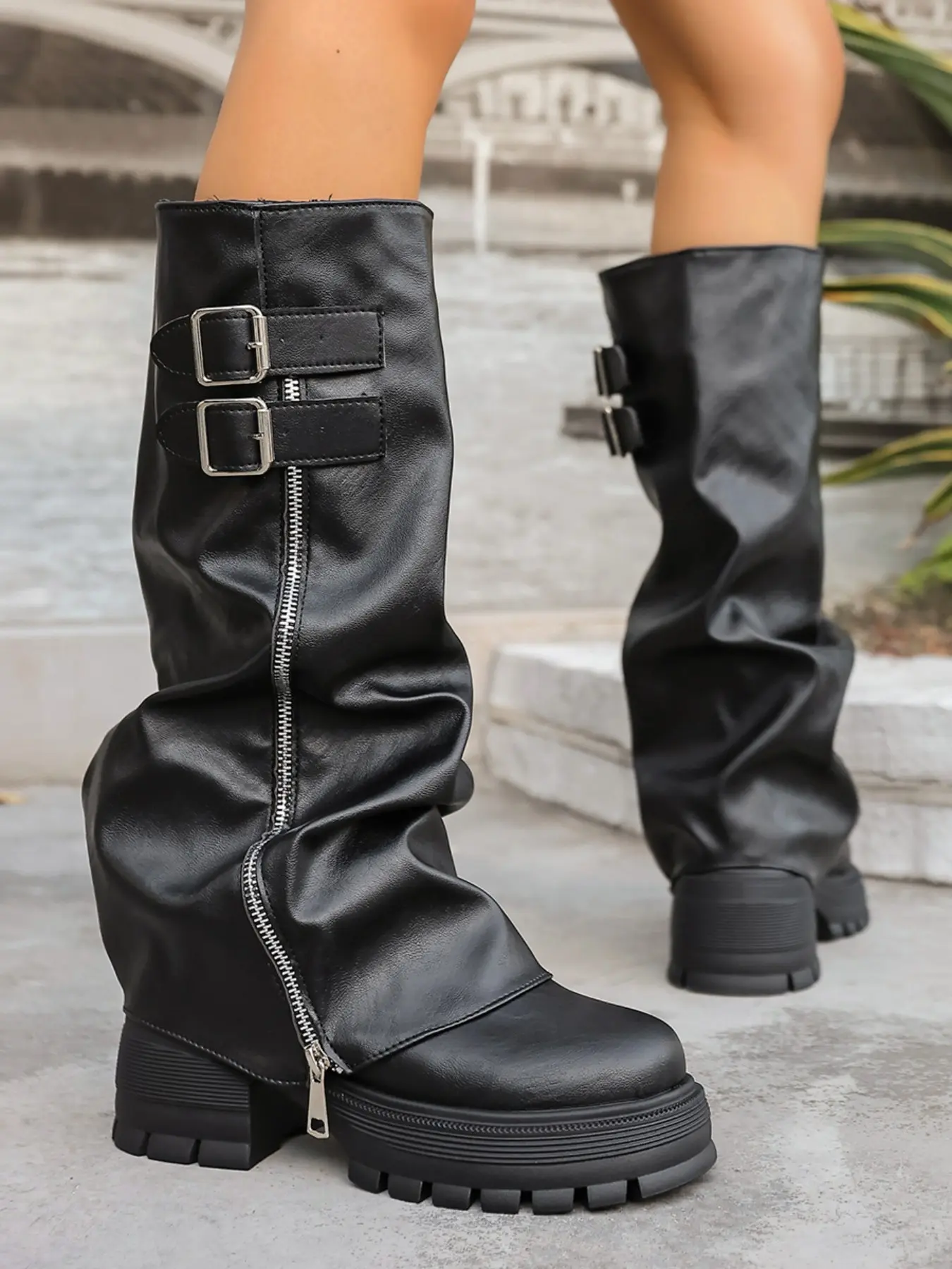 2026 New Fashion Pleated Stack Boots, Thick Sole Square Heel, Buckle Decoration, Side Zipper, Tall Boot, Anti-Slip