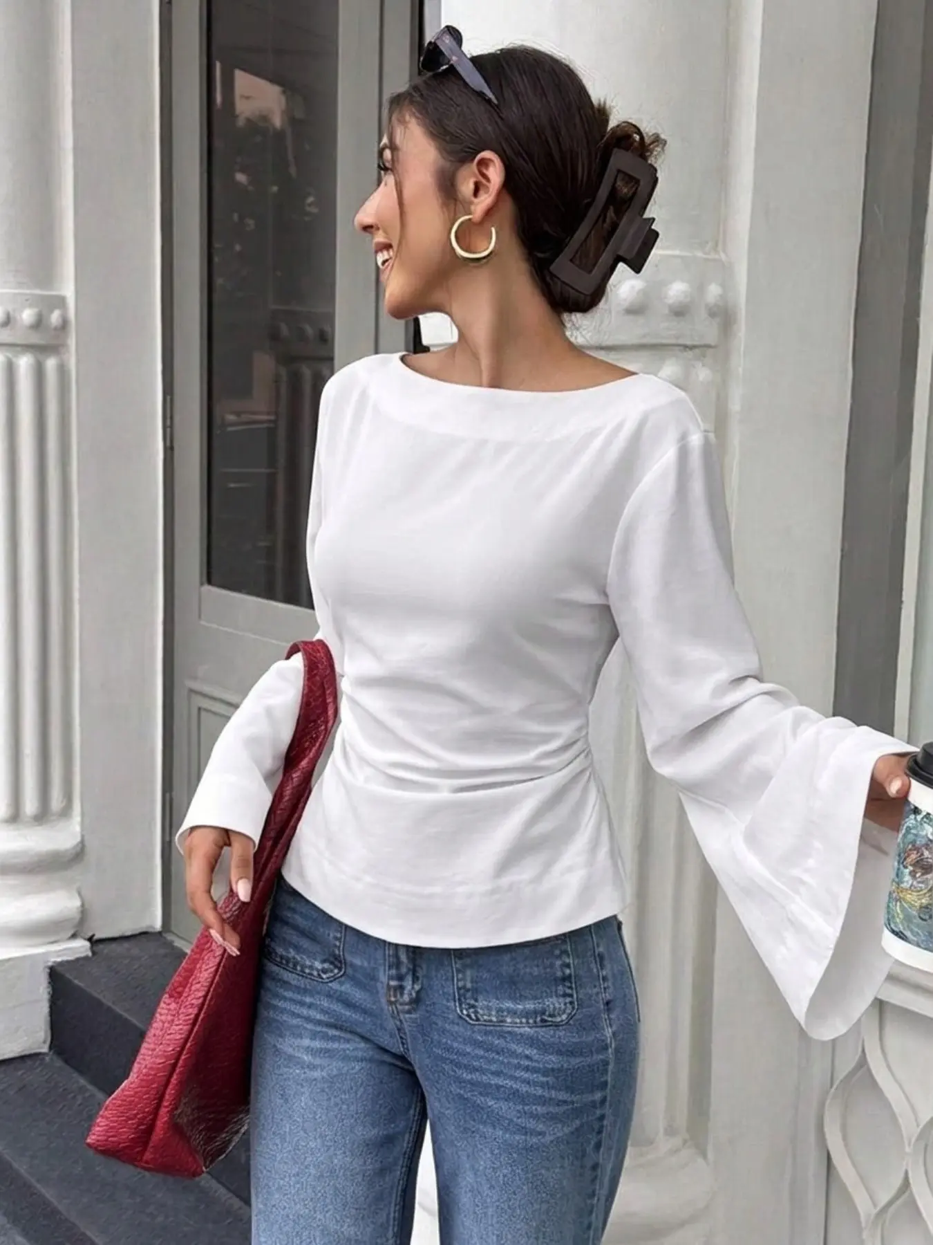 Elegant Daily Top for Women, Solid Color Boat Neck Blouse Shirts with Flared Long Sleeves, Slim-fit Cropped Pullover with Waist Side Design, Soft Fabric Versatile Top for Casual, Commute and Street Style