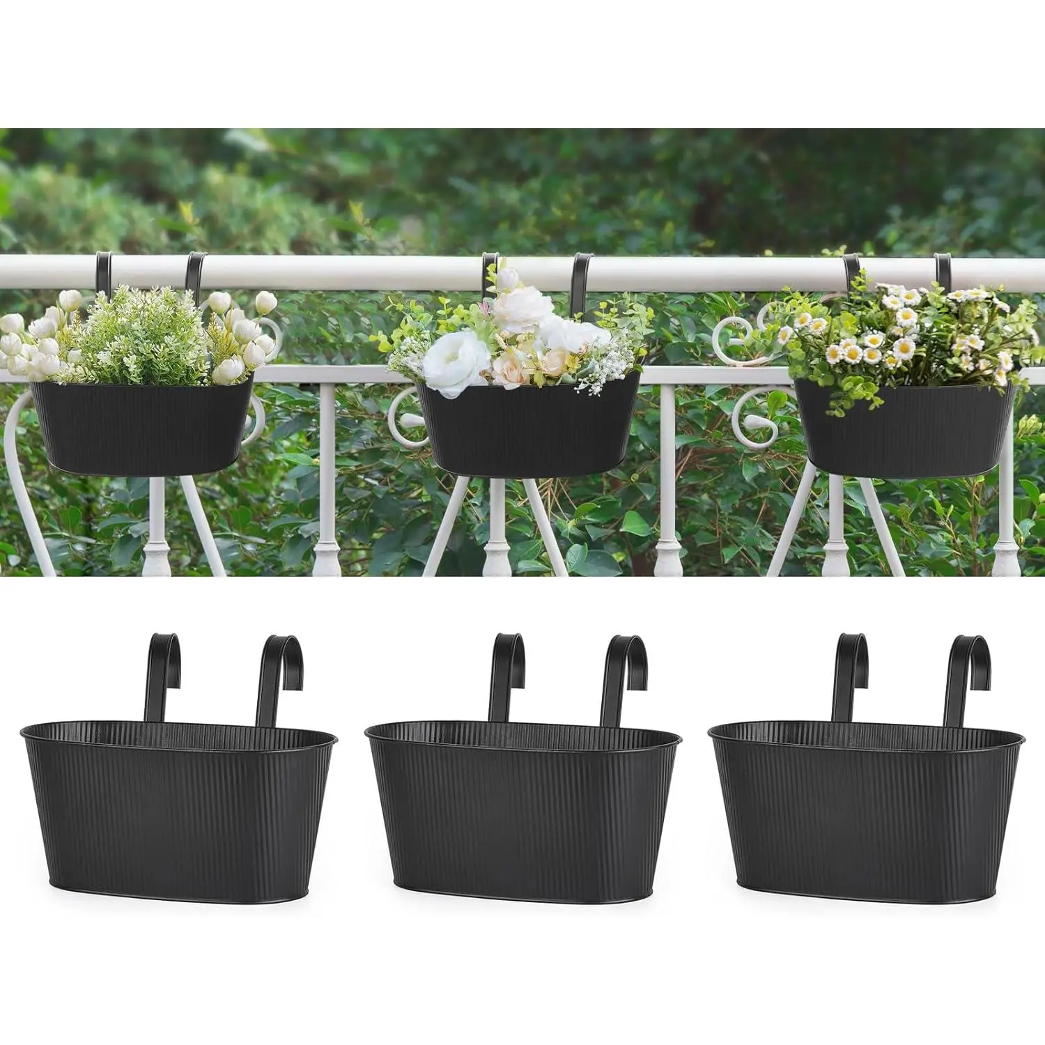 Metal Railing Planter Box 3 Pack Balcony Hanging Planter for Outdoor Plants with Detachable Hooks and Drain Holes Fence Planters for Any Balcony, Porch or Deck (3, Small)