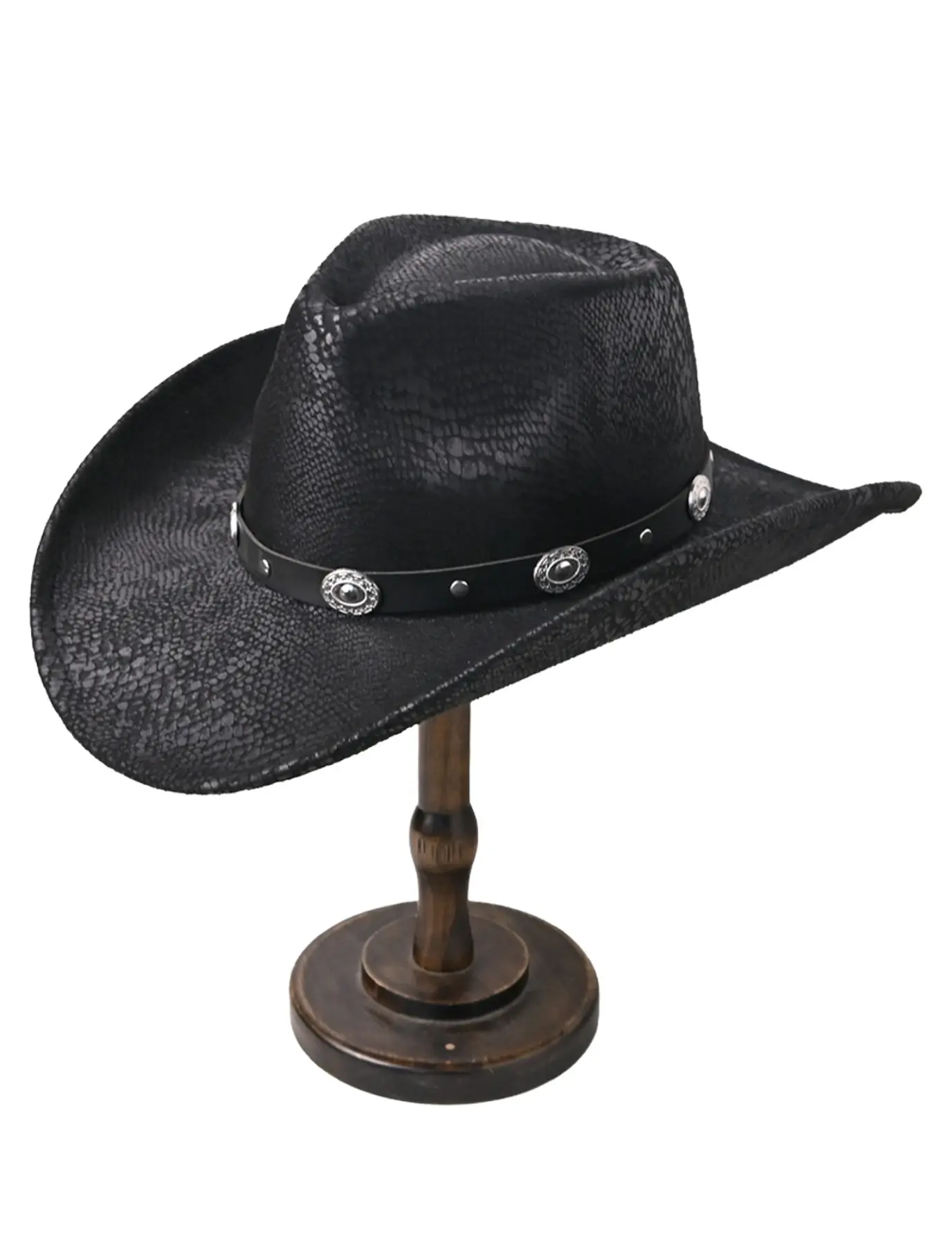 Vintage Snake Skin Texture Faux Suede Cowboy Hat, Wide Brim Australian Style, Faux Leather Band, Silver Color Metal Badge