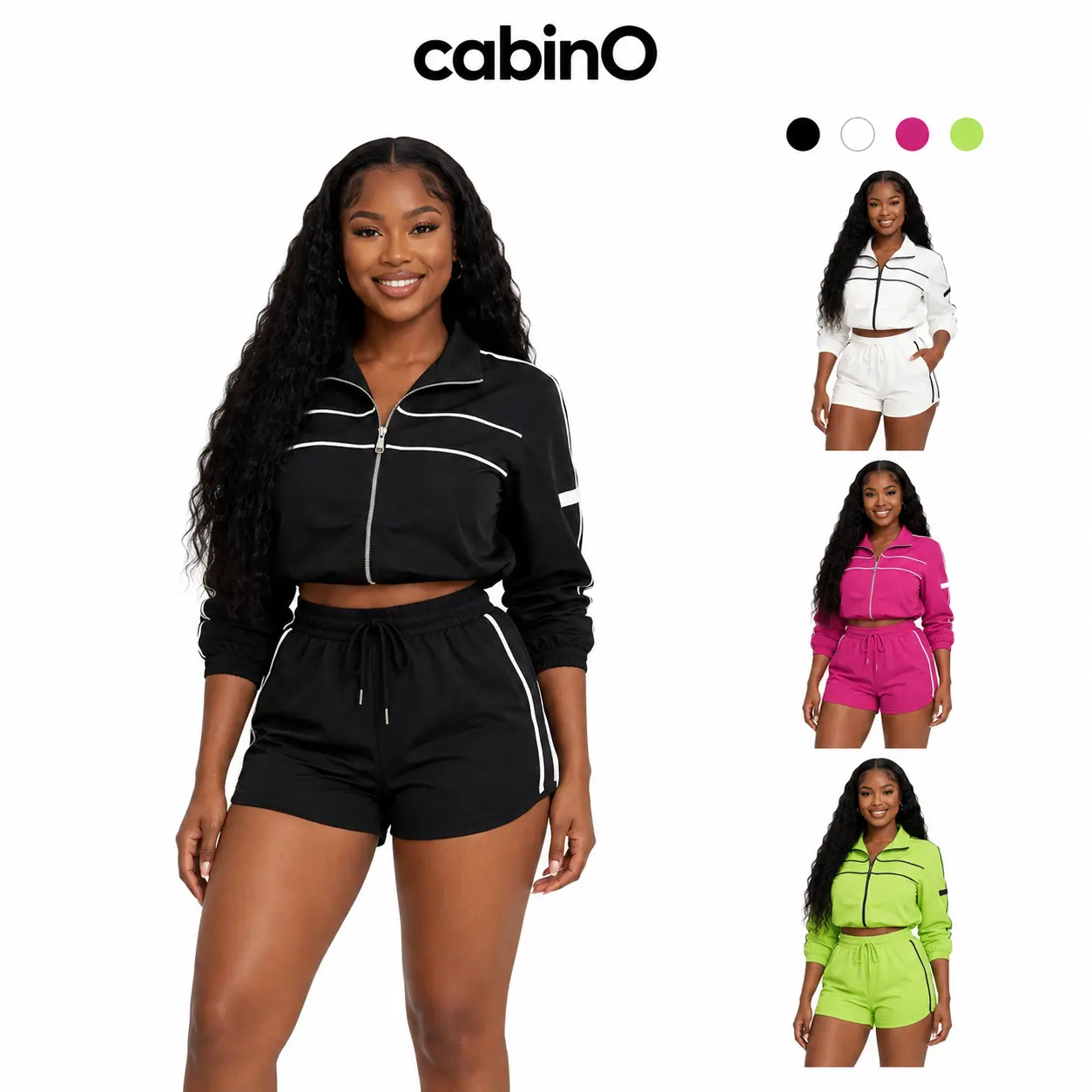 Cabino Women’s Black and White Colorblock Two-Piece Activewear Set, Zip-Front Long-Sleeve Cropped Track Jacket and Drawstring High-Waist Shorts Outfit for Summer Workout, Sports and Casual Streetwear