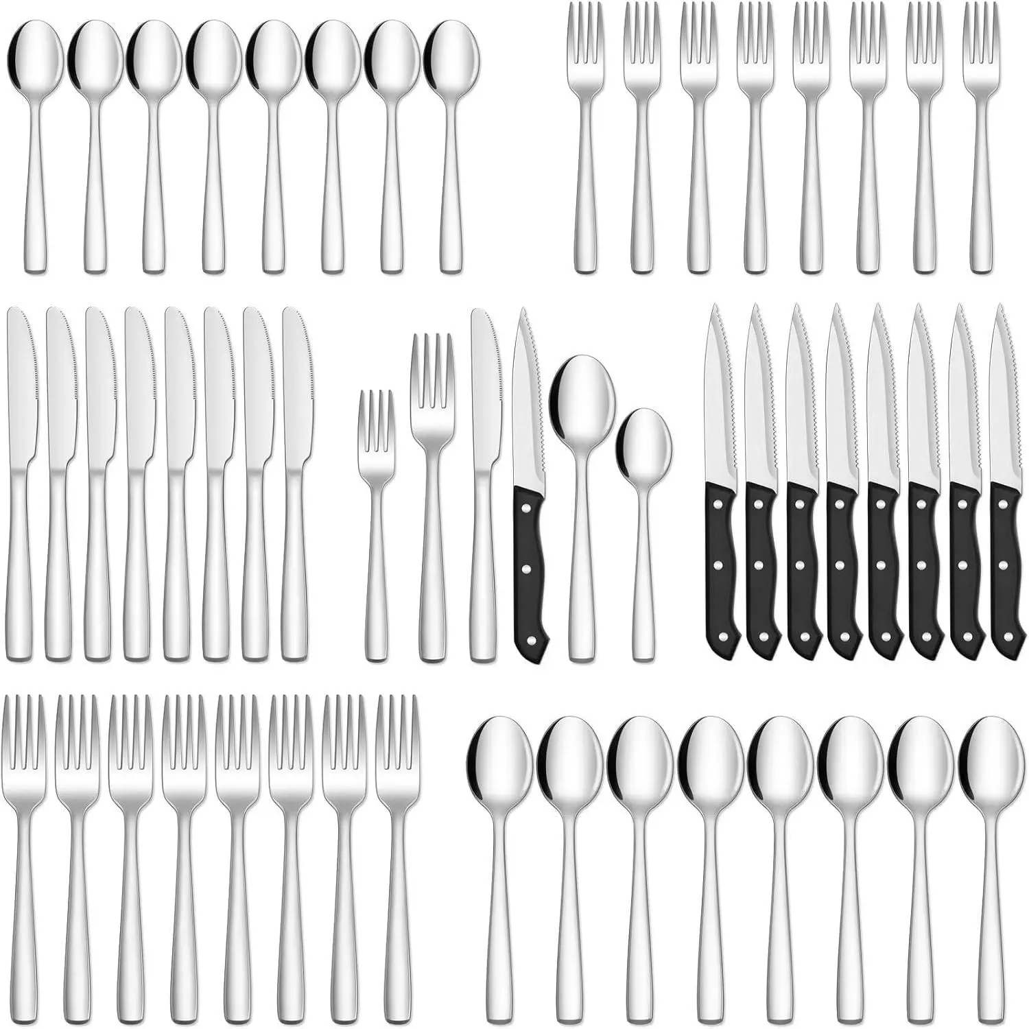 48-Piece 18/8 Stainless Steel Adult Silverware Set - Sturdy, Glossy Mirror Polished, Dishwasher Safe Tableware with Steak Knives for 8, Ideal for Home, Party, Holidays, Weddings Use