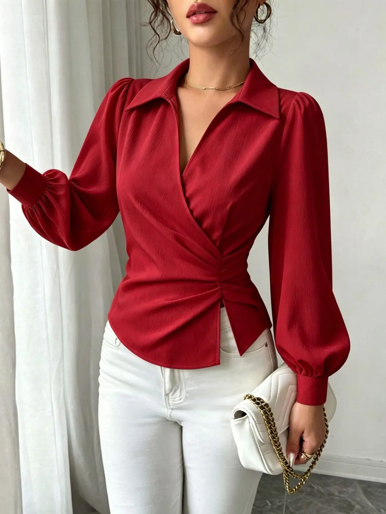 Women's Fall New French Vintage Cross Wrap Long Sleeve Shirt, Casual Collar Side Waist Pleated Slim Fit Blouse, High Stretch Lantern Sleeve Top