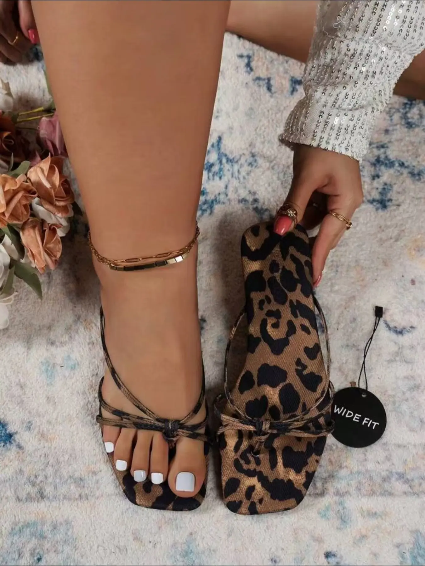 Women's Wide Fit French Style Square Toe Leopard Print Flat Sandals, Boho Plain Design, Summer Festival Beach Shoes, Casual Comfort, Chic Summer Footwear, Rubber