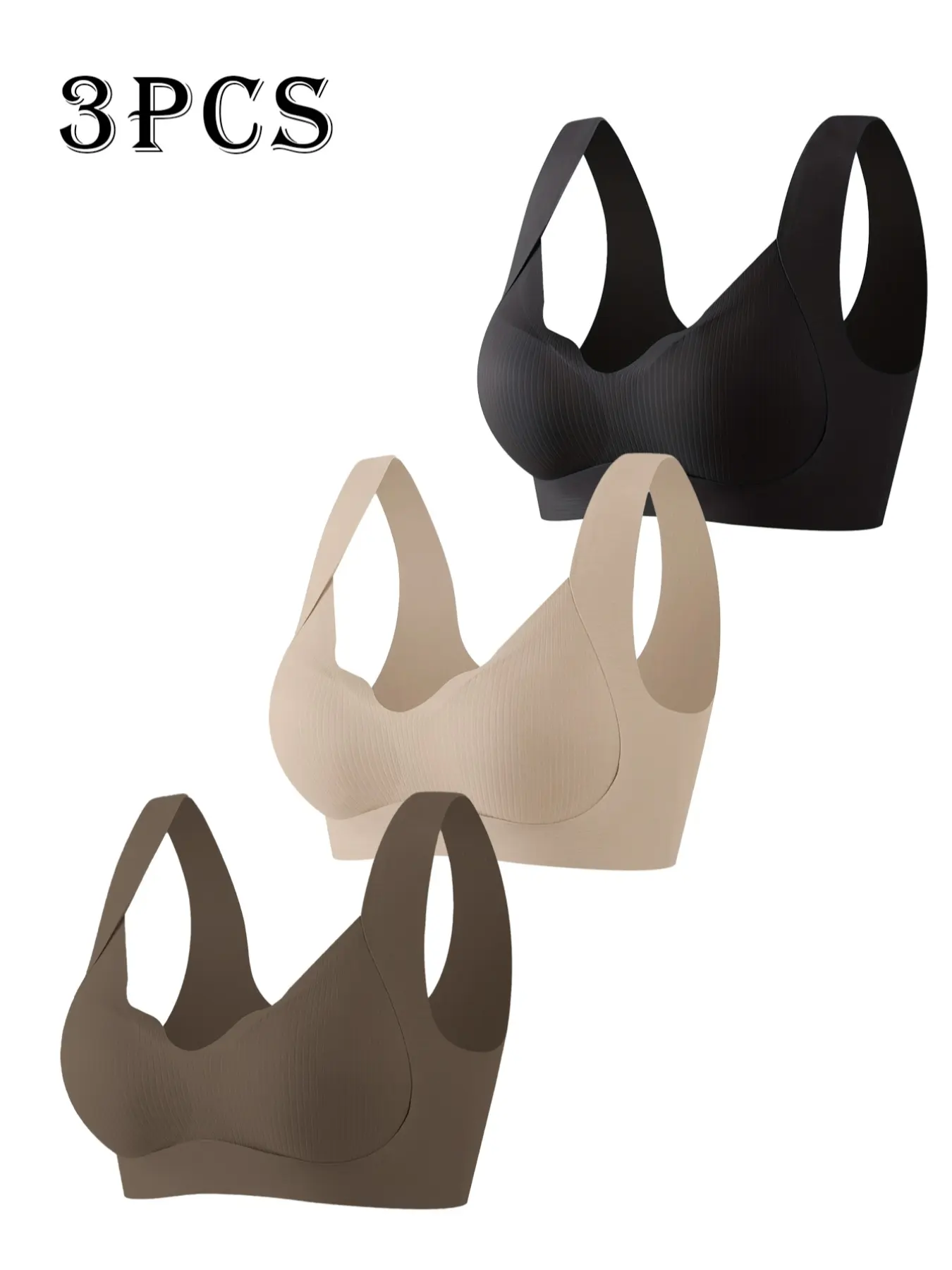 Women's Everyday Full Coverage Adjustable Padded Casual Bra Set, 3-Piece Pure Color Underwear, Large Bust Lift-Up Design, Anti-Sagging Support