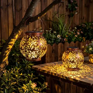 2 Pack Outdoor Solar Hanging Lantern Lights, Waterproof Tabletop with Handle, LED Moroccan Lanterns, Metal Decorative Garden Solar Lights Spring for Patio, Lawn, Porch, Backyard