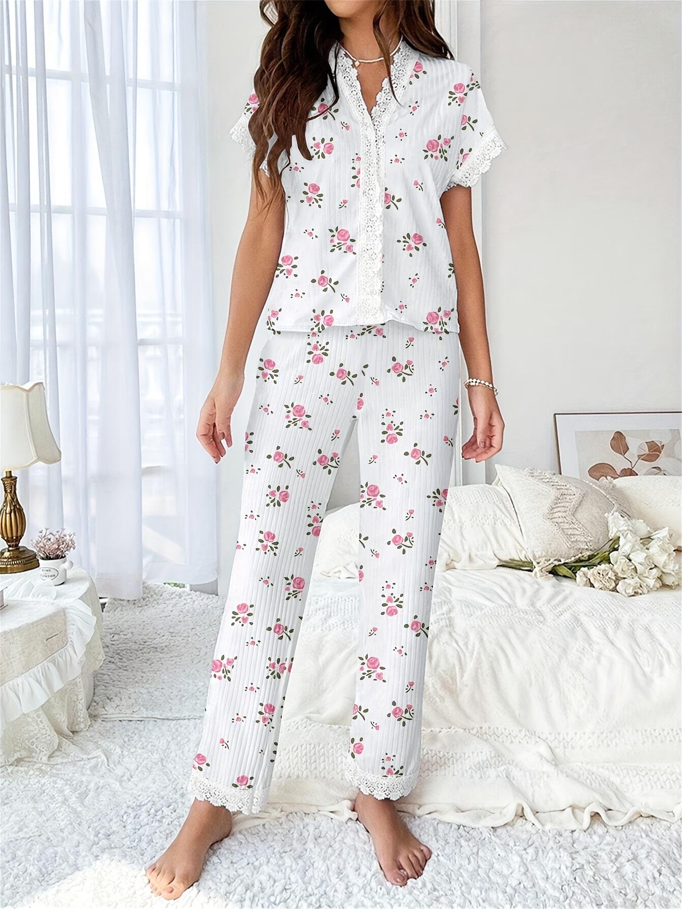 Cherry Print Short-Sleeve Collared Pajama Set for Women Oversized Style with Matching Pants