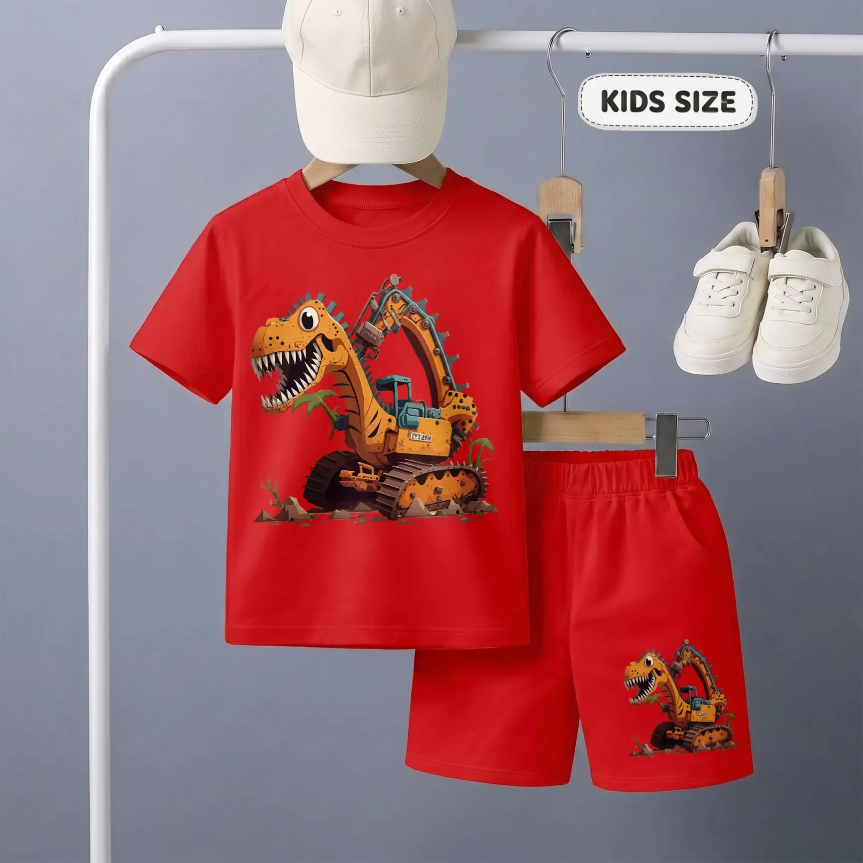 Boys’ Dinosaur Excavator Graphic T-Shirt and Shorts Set, Fun Cartoon Construction Vehicle Print Summer Two-Piece Outfit, Casual Playwear for School, Travel, Vacation and Outdoor Adventures