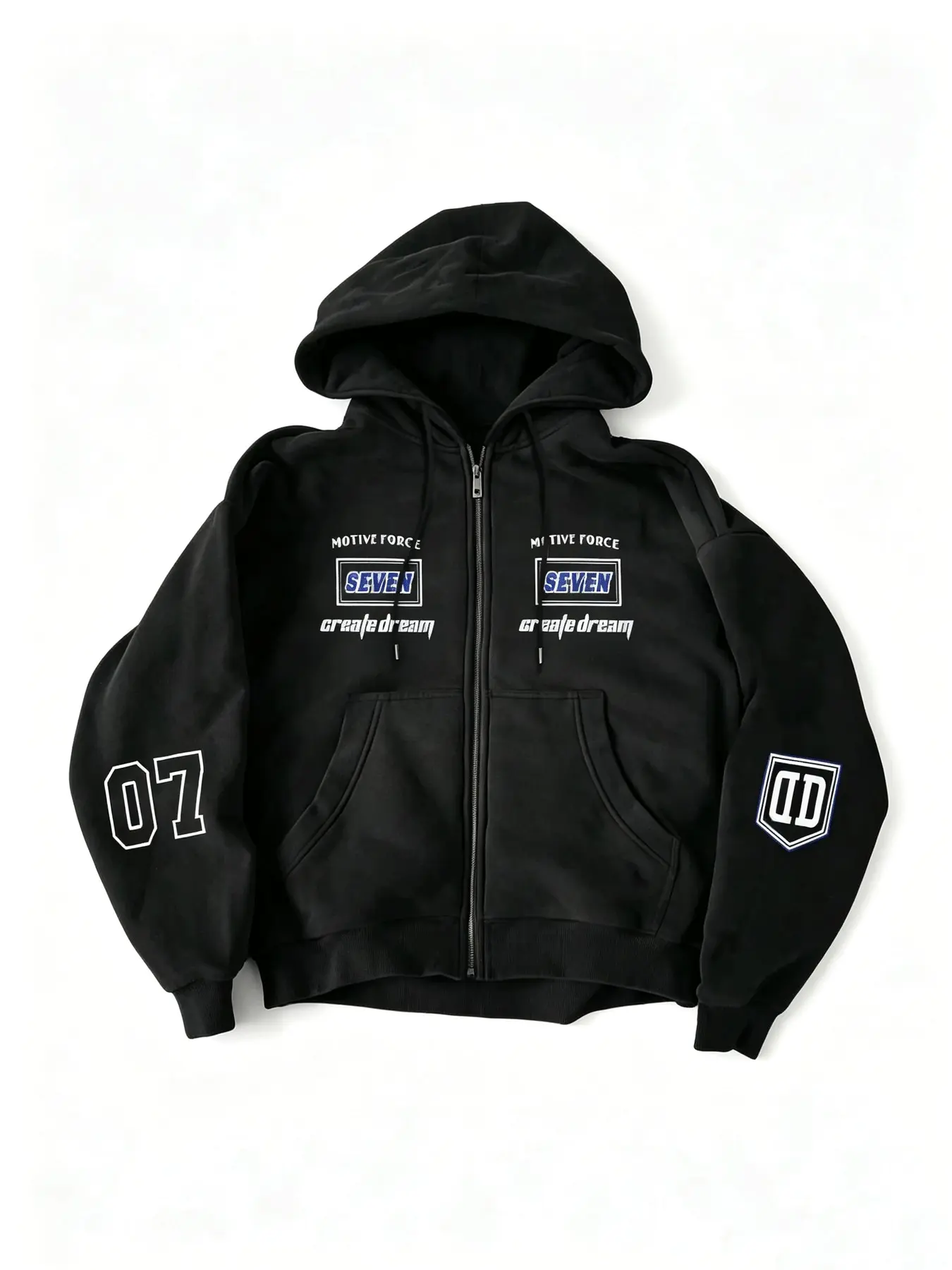 Men's Black Cropped Zip Up Hoodie Jacket, SEVEN Motive Force Create Dream Text, Number 07 & Shield DD Logo Print Vintage Varsity Y2K Hip Hop Streetwear Oversized Full-Zip Hooded Sweatshirt with Kangaroo Pocket for Men