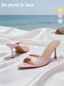 Women's Open toe Glossy Croc Embossed Patent Leather Square Peep Toe Slide Mule Stiletto Heels, Single Wide Band Slip On Backless Thin High Heel Non Slip Cushioned Summer Dress Sandals for Beach Vacation Brunch Date Night Club Resort Casual Party Outfits