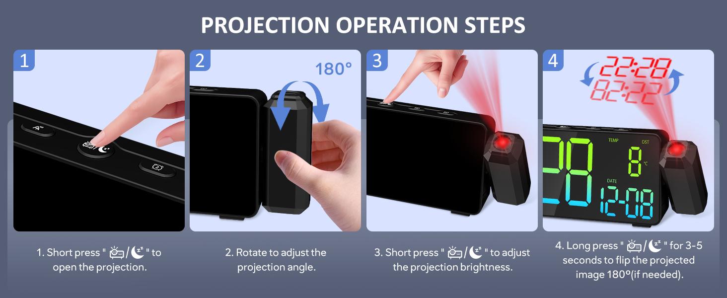 Projection Alarm Clocks, RGB Desk Clock with 180°   Rotatable Projector 15 Color Display, Date Temperature and Weekday, DST, Snooze, Ambient Lighting for Living Room,Bedroom Bedside Office Decor