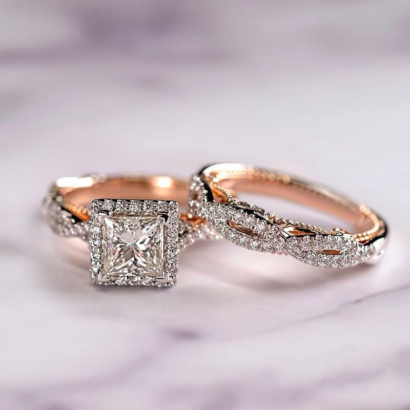 Luxury Princess Cut Cubic Zirconia Bridal Ring Set, 14K Two Tone Gold Plated Engagement Wedding Ring Set for Women, Vintage Halo CZ Wedding Band
