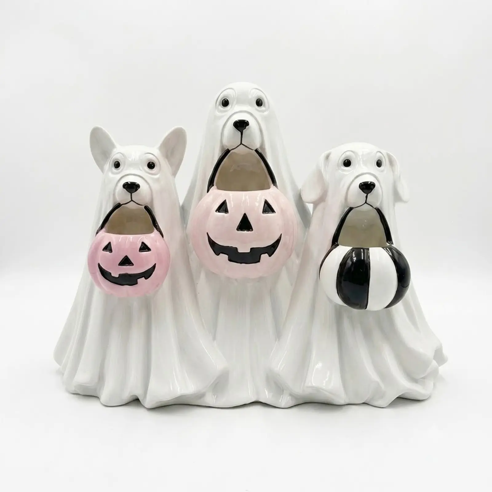 Ghost Dog Ornament with Pumpkin Candy Bowl, Halloween Decor for Outdoor and Indoor Use, Perfect for Tabletop Decoration