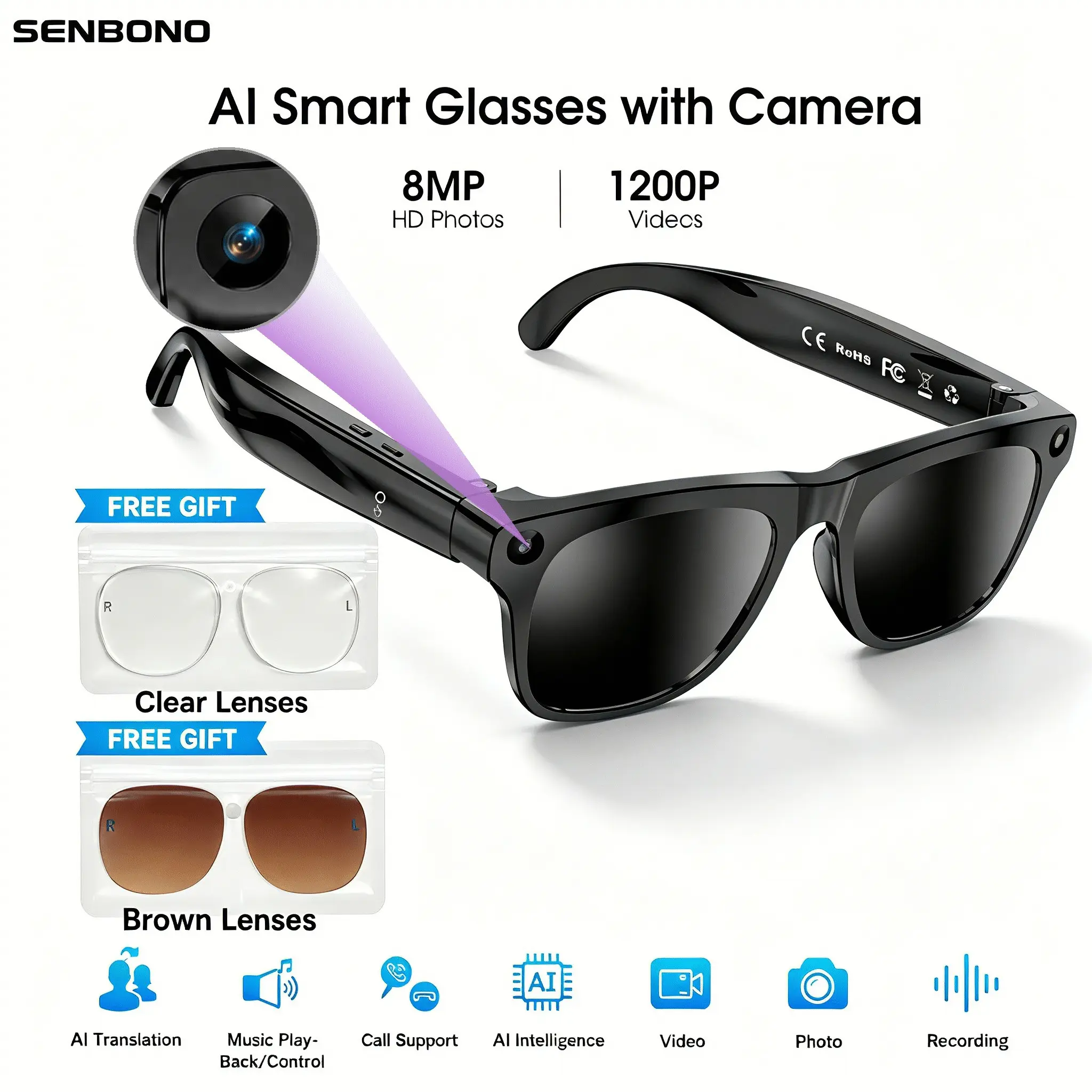 SENBONO Smart AI Glasses with 8MP HD Camera, AI Voice Assistant, Photo/Video Recording, Bluetooth Call, Smart Wireless Glasses, Music Control, Outdoor Sports Sunglasses, Includes 2 extra Lenses