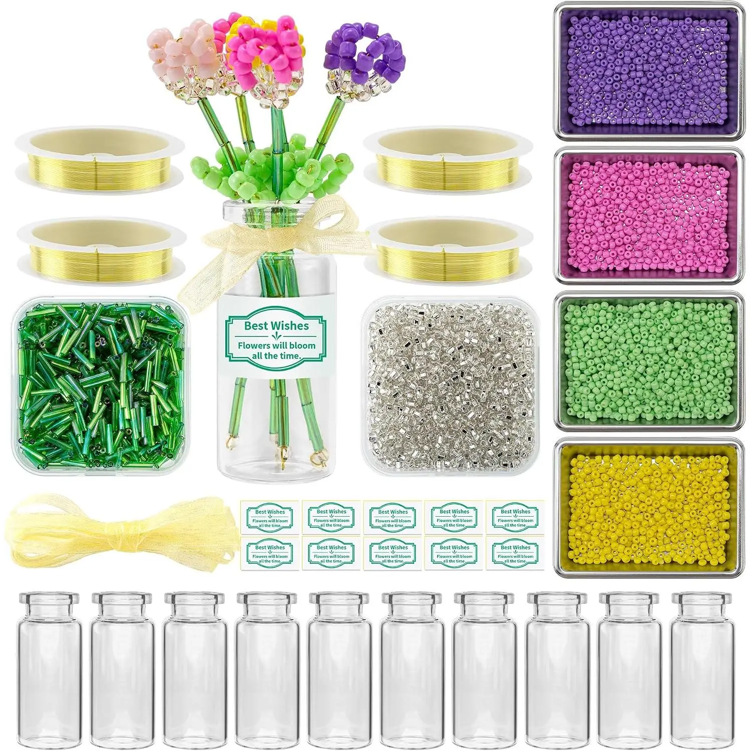Easy DIY Beaded Bouquet Making Kit - 4262-Count Basic Craft Supplies with 10 Glass Vases, Forever Flower Craft for Beginners, Teacher's Day Decor & Greeting Card Accessory