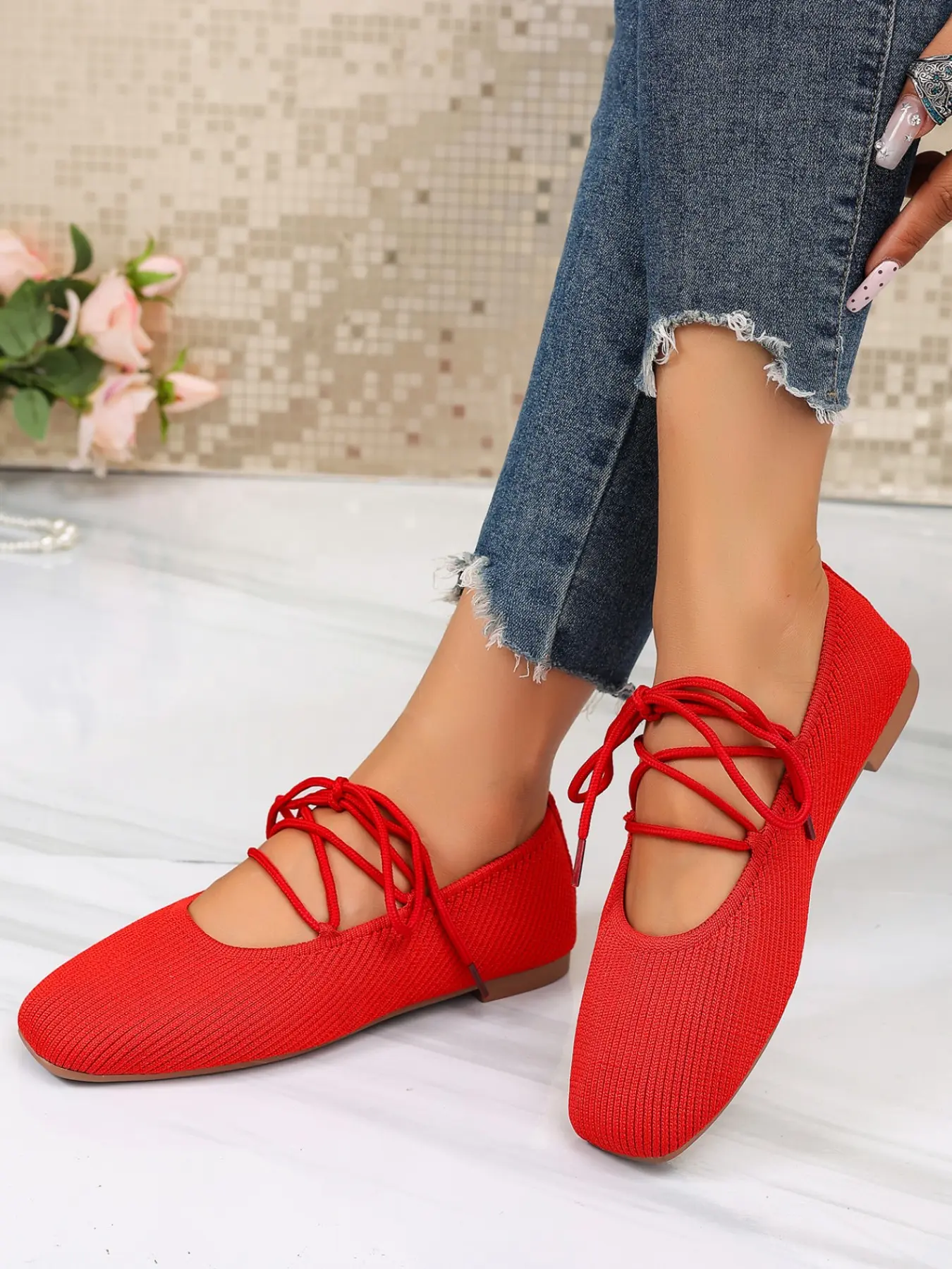 Adjustable Strap Ballet Flat Shoes, Breathable Knit Square Toe, Soft Rubber Sole, All-Season Dance Shoe, Fashion Plain Design