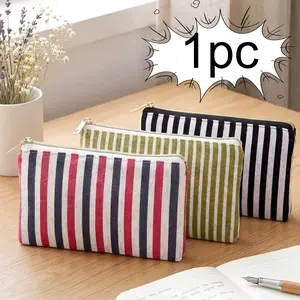 Striped Cotton Linen Zipper Pouch, Pencil Case & Makeup Organizer Bag