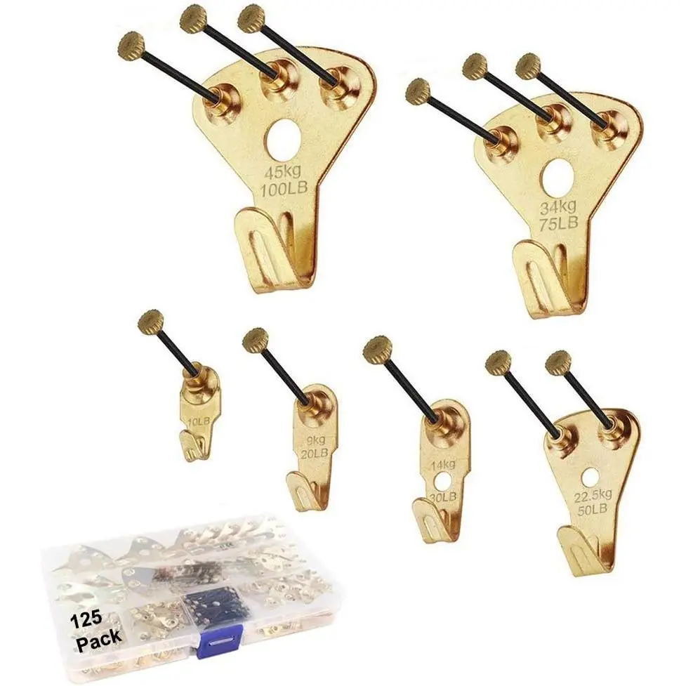 125-Piece Metallic Heavy Duty Nailed Mounting Picture Hangers Boxed Set with Nails - Organiser for Wooden/Drywall, Canvas - Holds 10-100 lbs