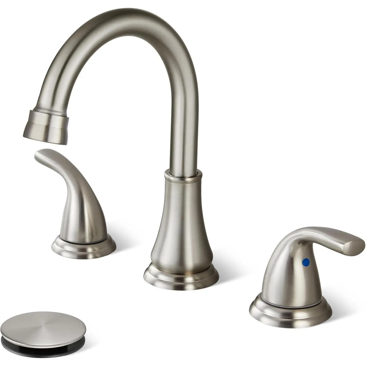 Home Bathroom 8-in Widespread 3-Hole Deck-Mounted Basin Mixer Faucet, 2-Handles Metallic Finish Tap with Pop-Up Drain, Brushed Nickel, Two Handles