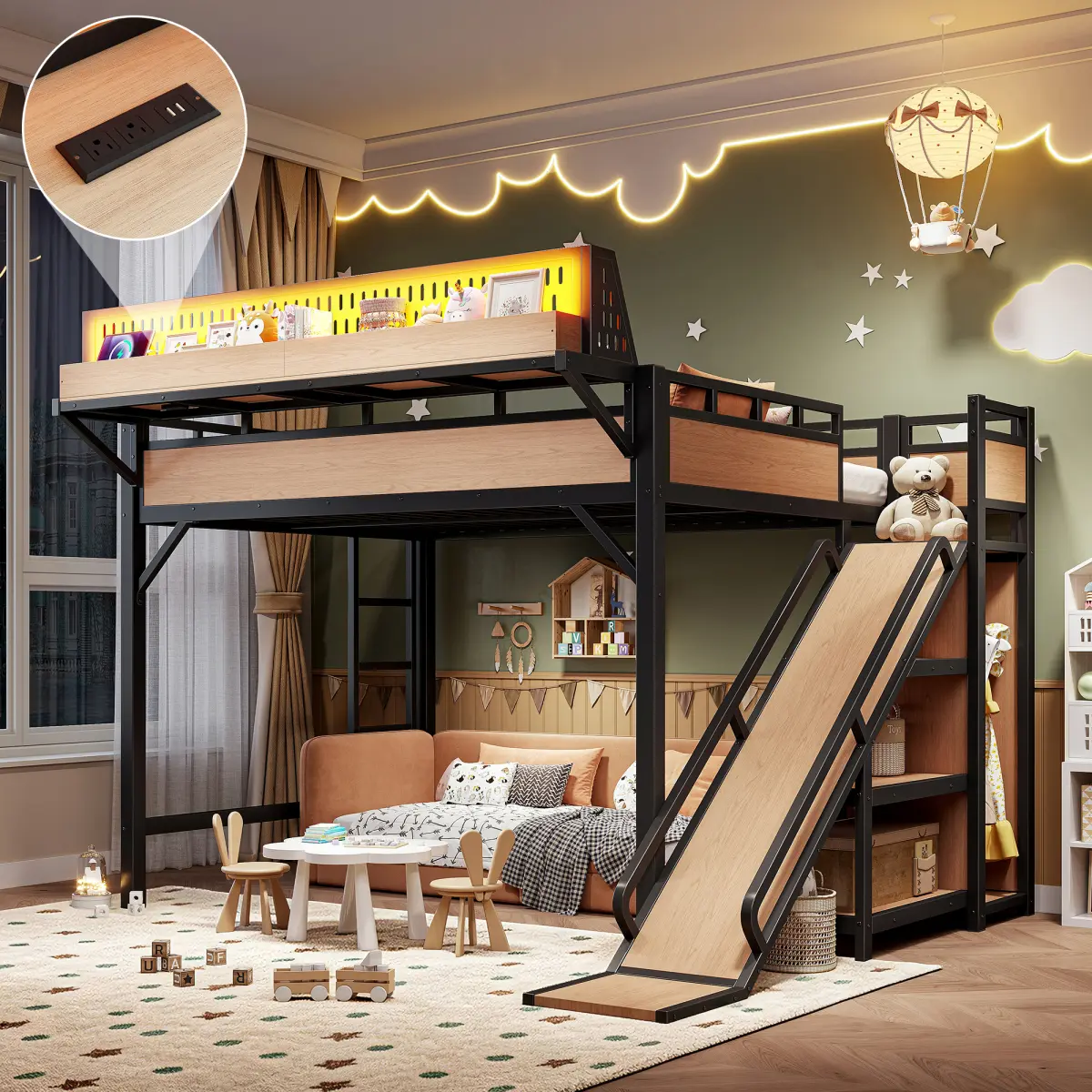 Queen Size Rectangular Metal Loft Bed Frame - 98.4in L x 82.7in W x 63.4in H, Slide&USB, Storage Shelves, Built-in Wardrobe, LED Lights, Pegboard, Secure Design, Motor Skill Development, 300 – 349 Lb Capacity, Natural Finish, Requires Assembly