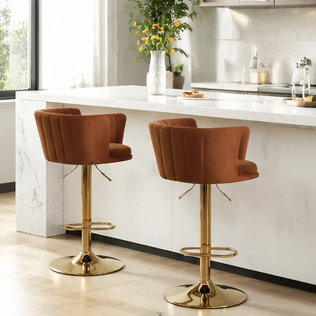 ARCH Set of 2 Golden Sturdy Ergonomic Swivel Bar Stools - Chrome Footrest, Height-Adjustable Mechanical Lift, Velvet Fabric Cushion, 360° Rotation, Orange, 20.23in, for Kitchen Island, Home Office, Restaurant