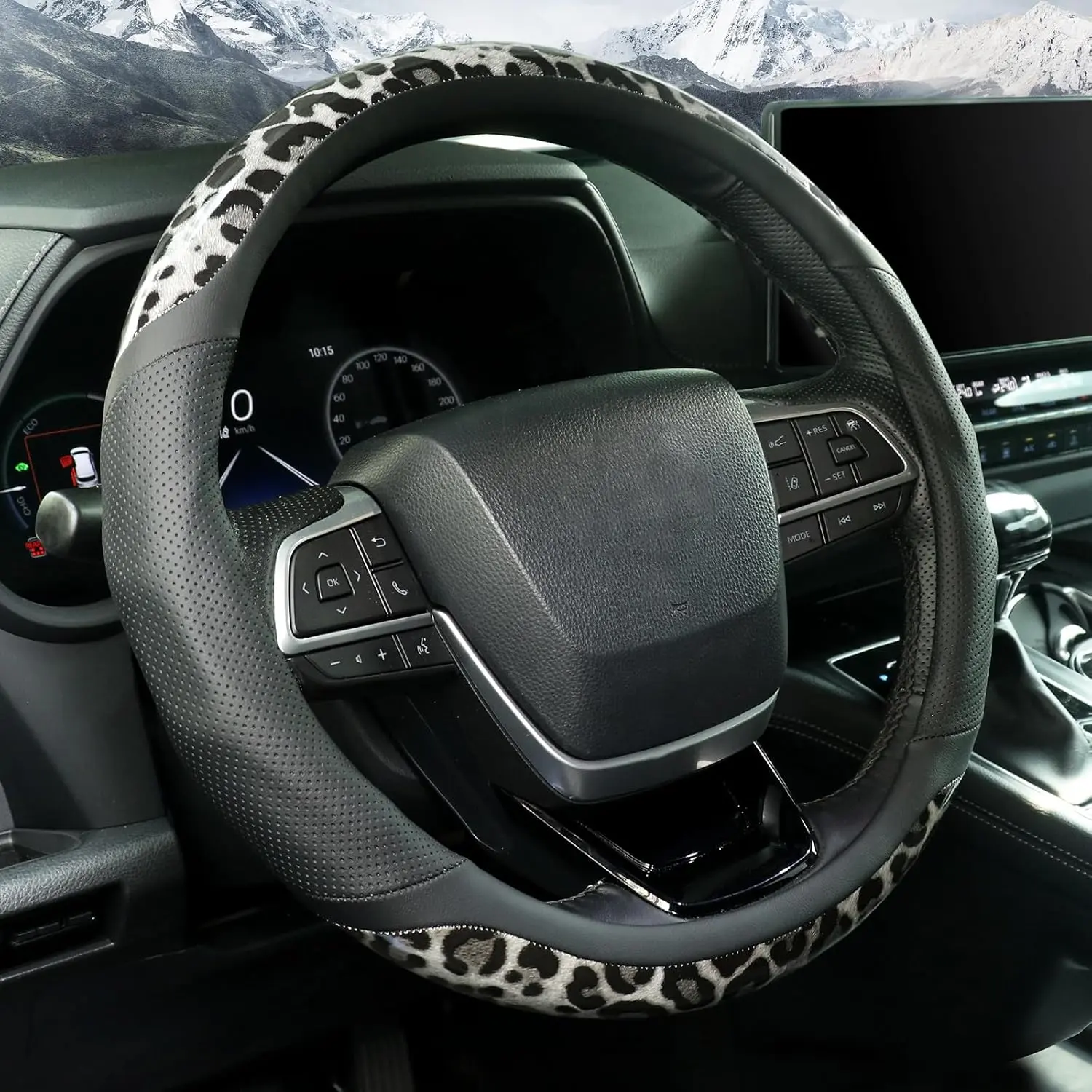KAFEEK Leopard Steering Wheel Cover, Black and Gray Breathable Microfiber Leather Anti-Slip Car Steering Wheel Protector, Universal Fit 14.5-15 Inch, Cool Cheetah Print Auto Interior Accessories