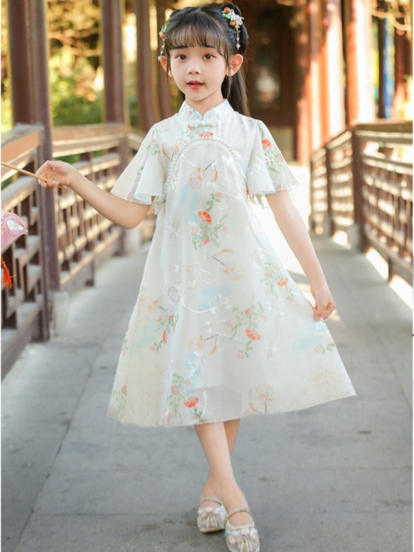 NewGirls' Chinese Style Cheongsam Chiffon Dress Summer Hanfu Light Comfortable Fashion Casual Princess Dress for Outdoor Activities Gifts Party