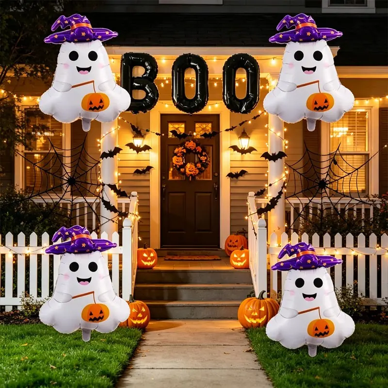 6pcs/9pcs Halloween Ghost Balloon Set, Includes 16 Inch Boo, Purple Warlock Hat Spirit Balloon, Perfect for Halloween Decor, Family Gathering Decorations, Parent-Child Halloween Party，Masquerade Party Decoration，Store holiday-themed displays