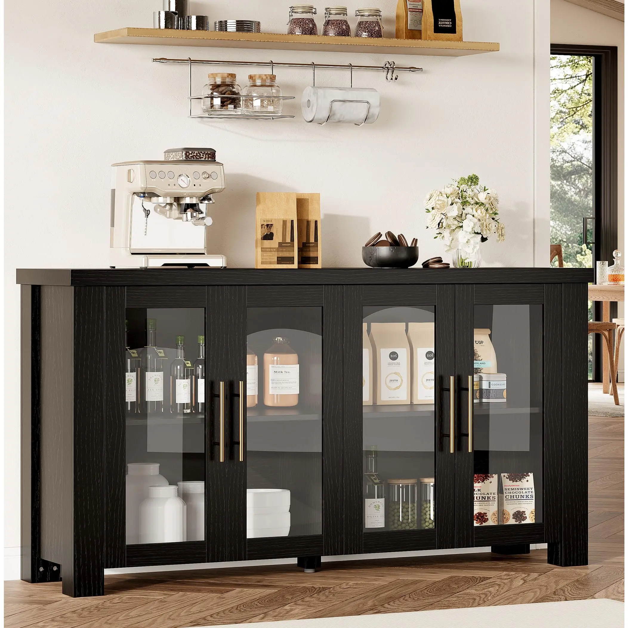 33"/59" Glass Door Buffet Cabinet – Modern Wood Sideboard Credenza, Multifunctional Storage for Home, Kitchen & Dining Areas