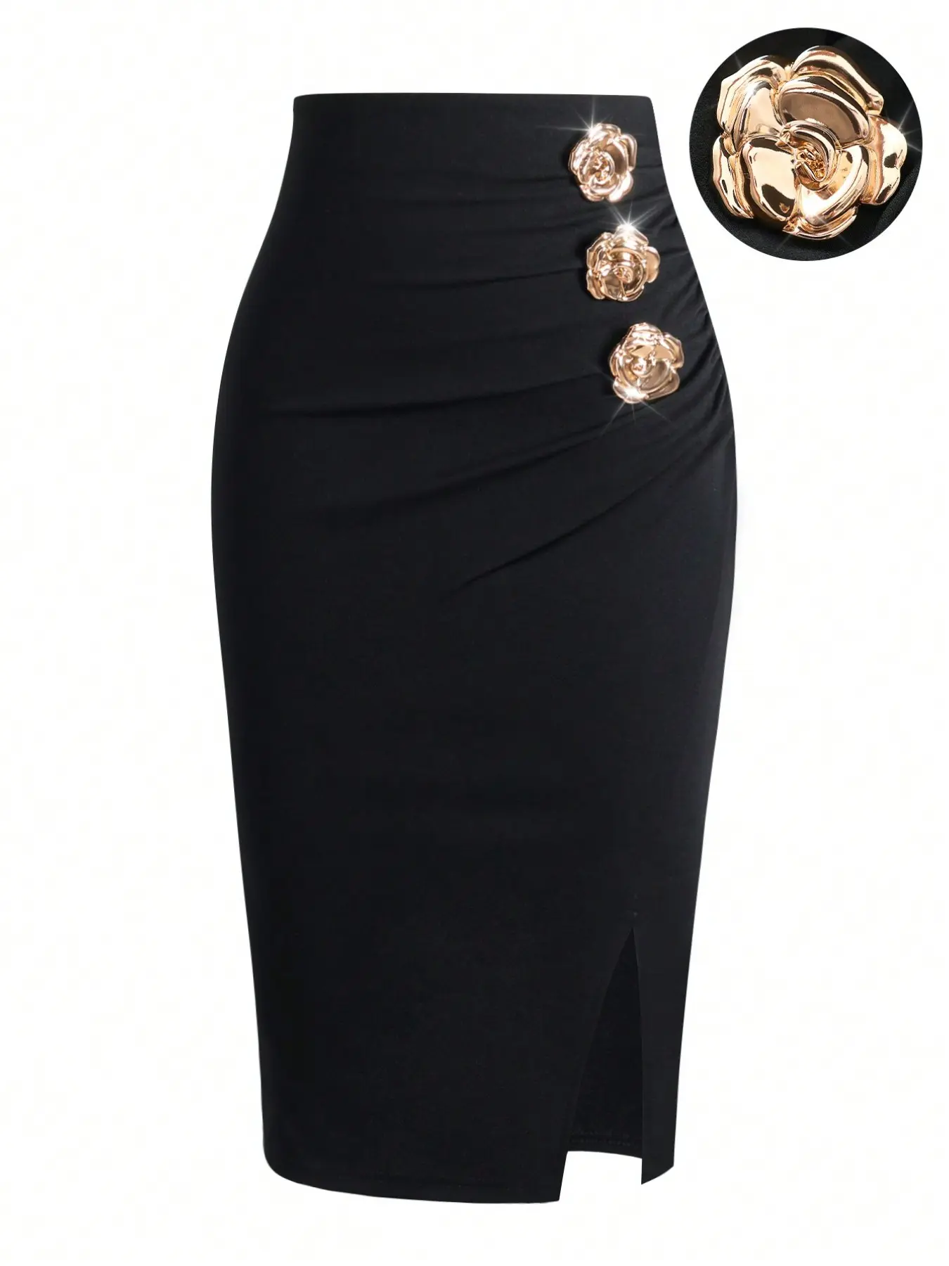 Vintage French High-Waisted Metal Flower Decor Office Solid Pencil Skirt, Front Pleated Split Design, Elegant Style Business Wear, Chic Elegant Skirt