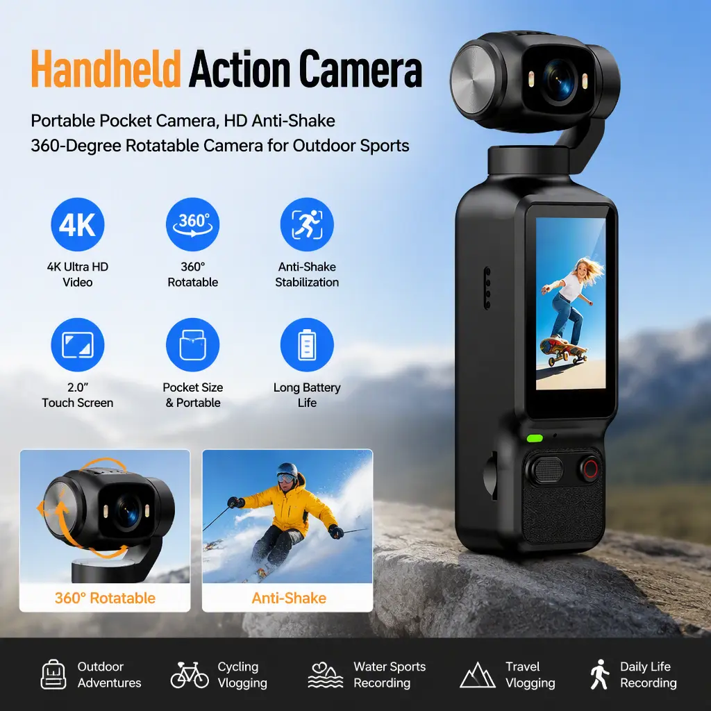 360° Rotatable Portable Action Camera, HD Anti‑Shake Pocket Handheld Cam for Travel Camping Sports Recording