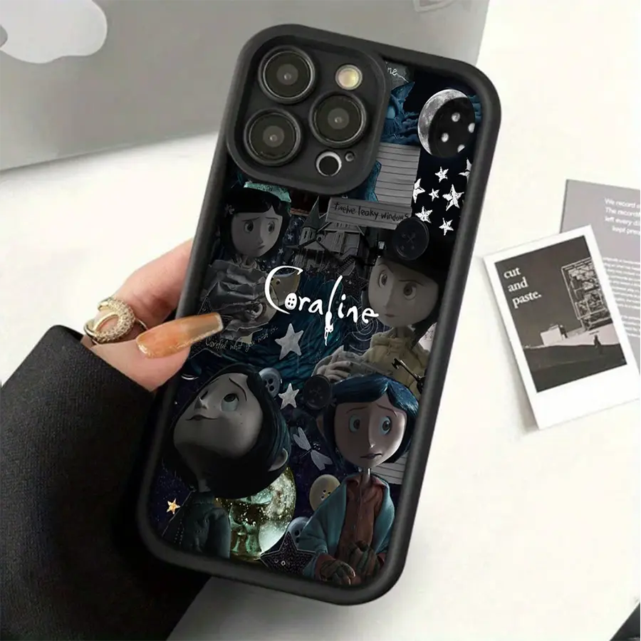 Stylish Shockproof Casing for Galaxy S23-S25 & iPhone 11-16, TPU Material Cellphone Patterned Protector, Flexible Shell with Dark Coraline Collage Printing, Rugged Anti-Drop Accessory