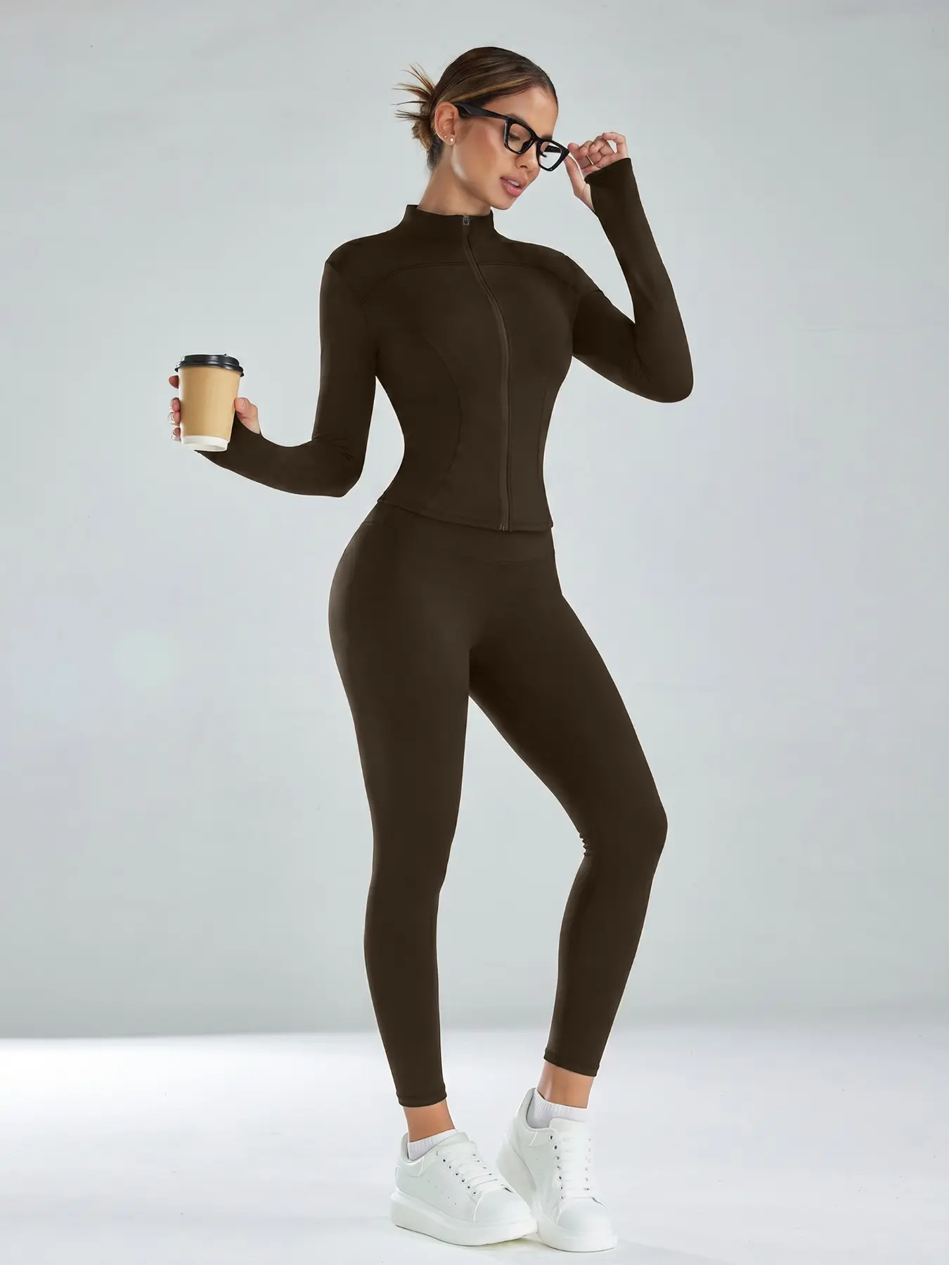 Women Stand Collar Zip Up Yoga Tracksuit 2 Piece Set, Thumb Hole Long Sleeve Cropped Jacket High Waist Butt Lifting Leggings, 4 Way Stretch Naked Fit Slim Workout Gym Pilates Loungewear Outfit