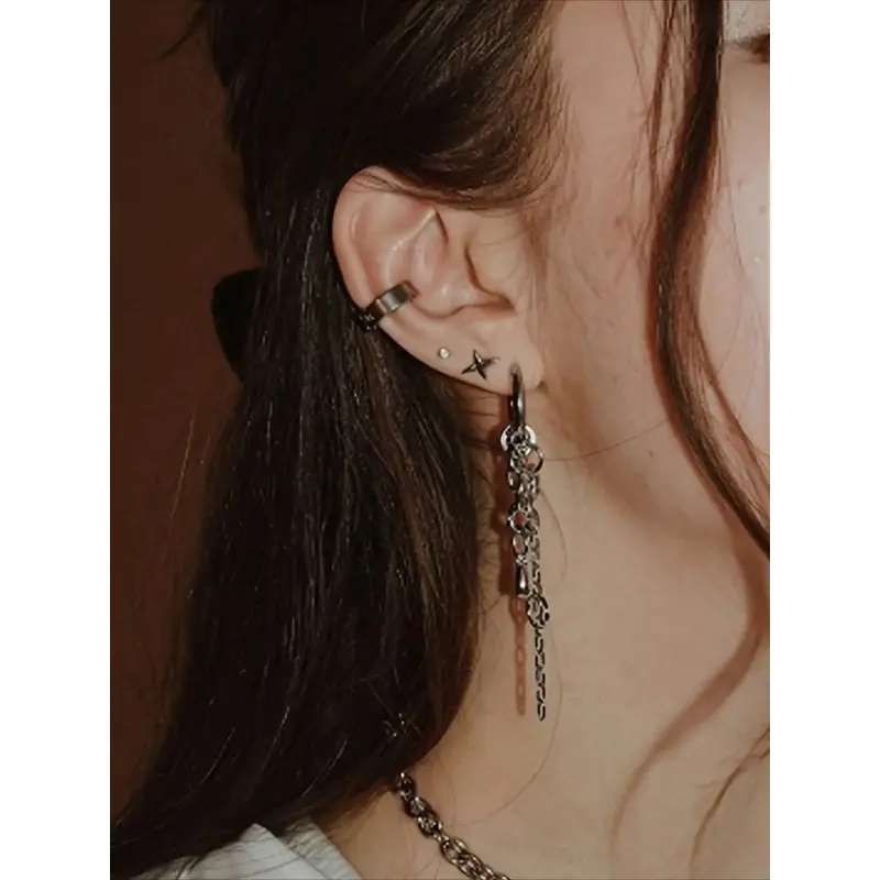 ​  Chain Earrings Hip-Hop Silver Long Hanging, Unisex Punk Rock Ear Hook For Party, Street Style Statement Jewelry