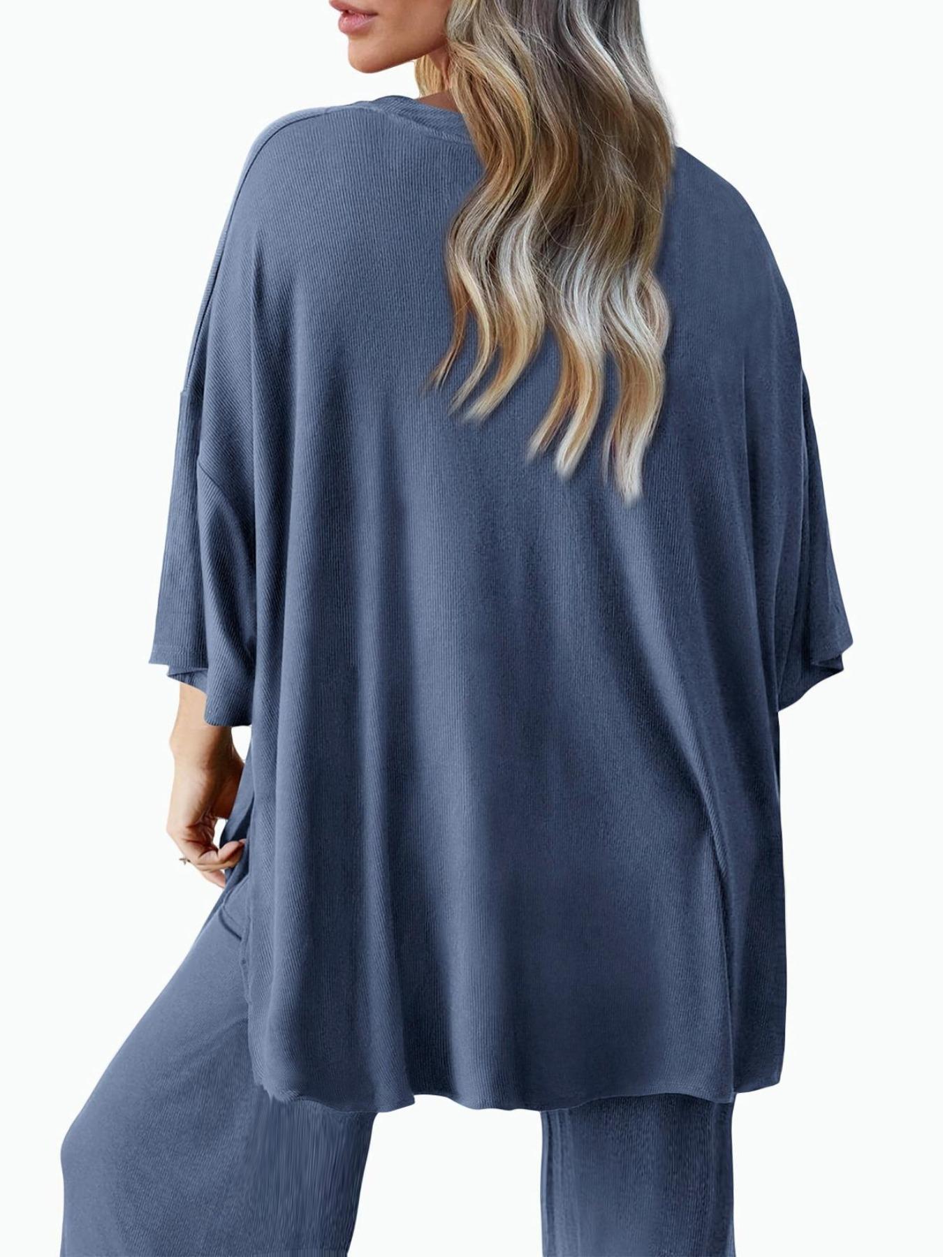 Women's 2-Piece Solid Drop-Shoulder Tee & Elastic Waist Pants Set, Casual Fit Fashion Cozy Half Sleeve Top & Trousers for Daily Outdoor Wear, Ladies' Clothes for All Seasons