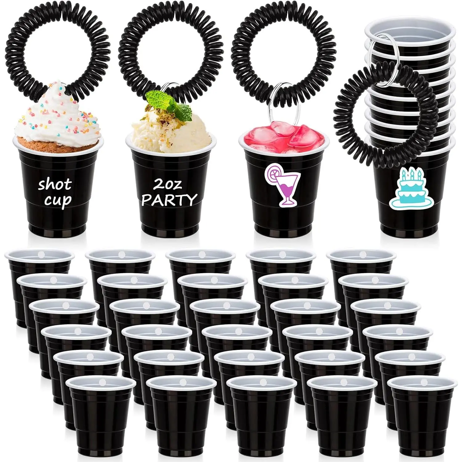 30 Pcs Black Shot Cups with Wristband for Party 2oz Plastic Shot Glasses Bulk Disposable Mini Shot Glasses with Bracelet Wear On Cups for Party Beer Sample Taste Serving Graduation Birthday