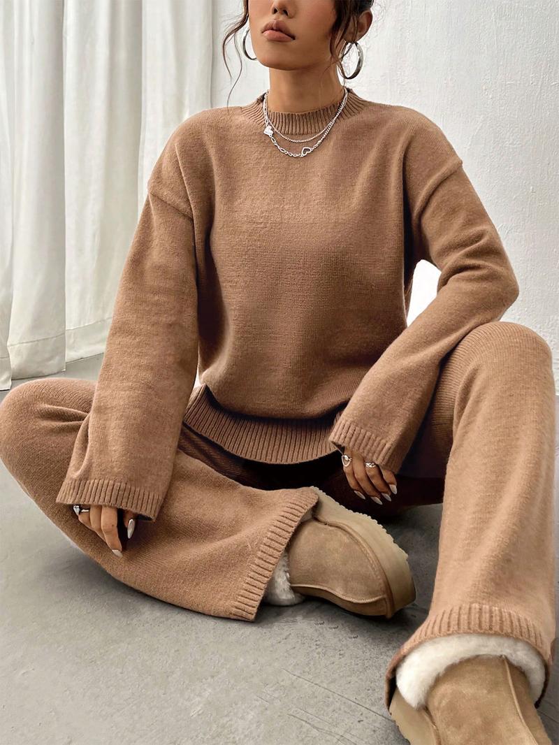 【Plus Size】 Two-Piece Set Women's Solid Color Sweater & Pants, Casual Fashion Knitwear Set for Daily Outdoor Wear, 2 Piece Sets Women, Women Knitwear for Fall & Winter