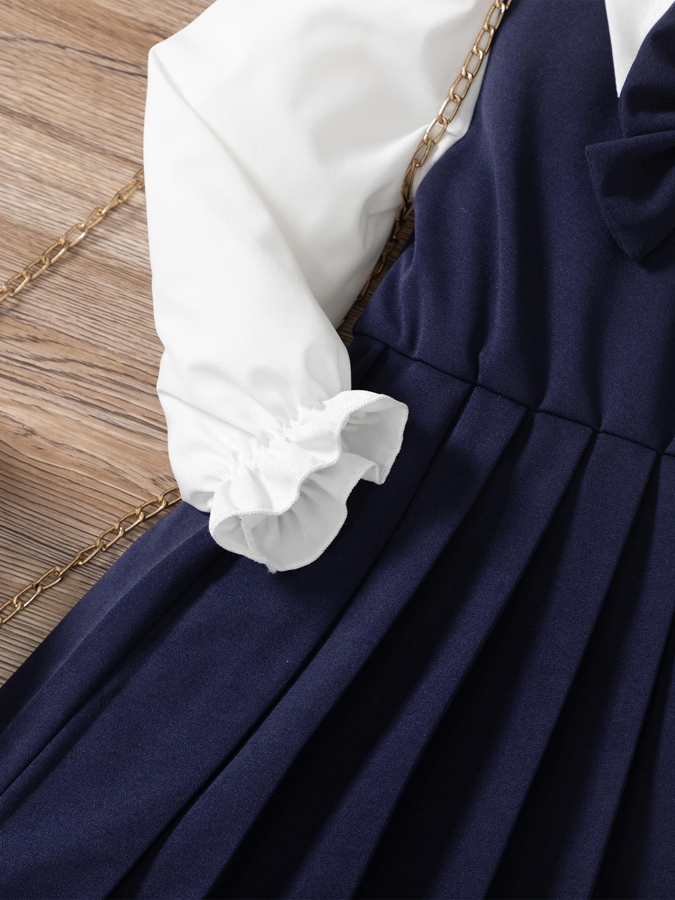 knee length dresses for ladies Corduroy Suede Midi Pinafore Dress & Blouse Set (Navy)