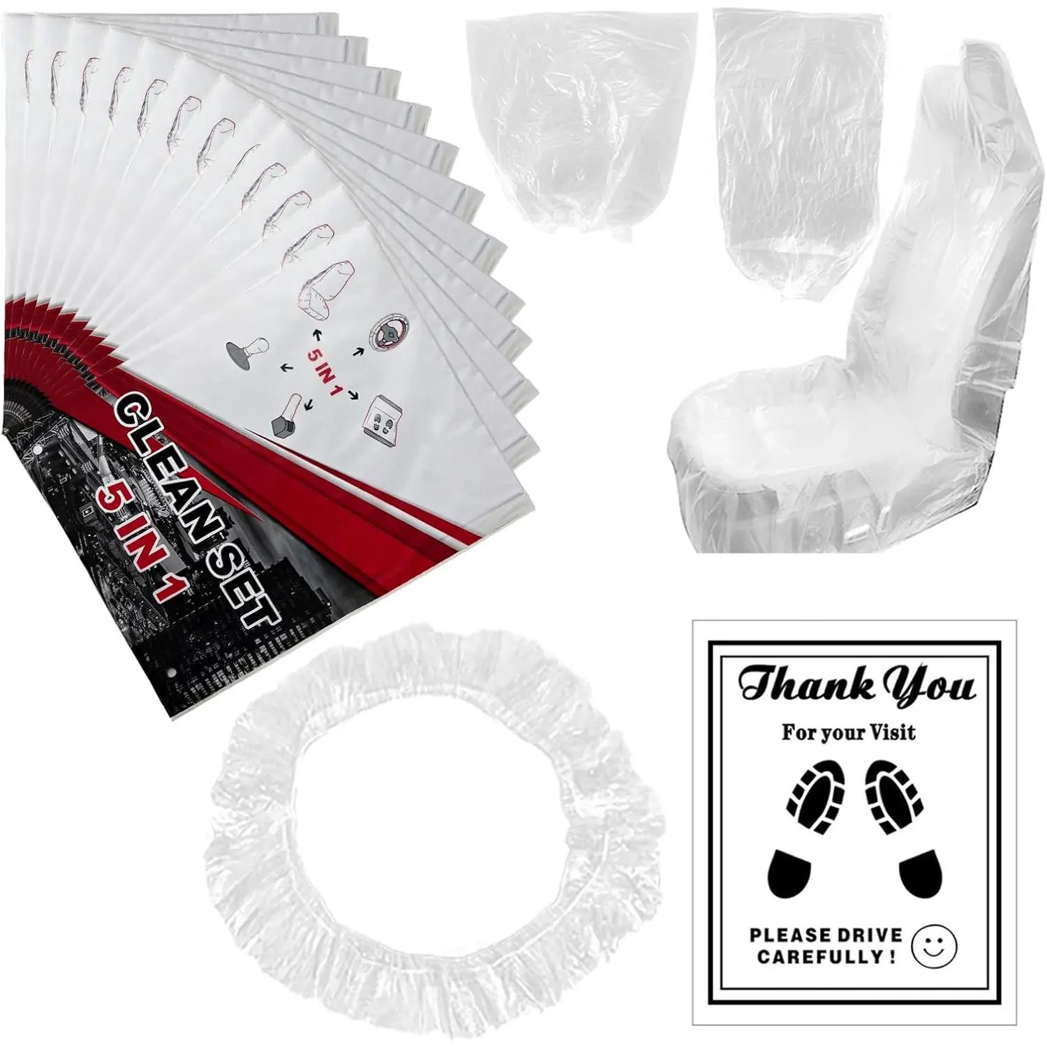 ICWEIMEI 100Pcs Disposable Car Protective Covers Set 5in1 Plastic Car Interior Protector Includes Disposable Seat Cover, Steering Wheel Cover, Handbrake and Gear Shift Cover, Paper Floor Mat