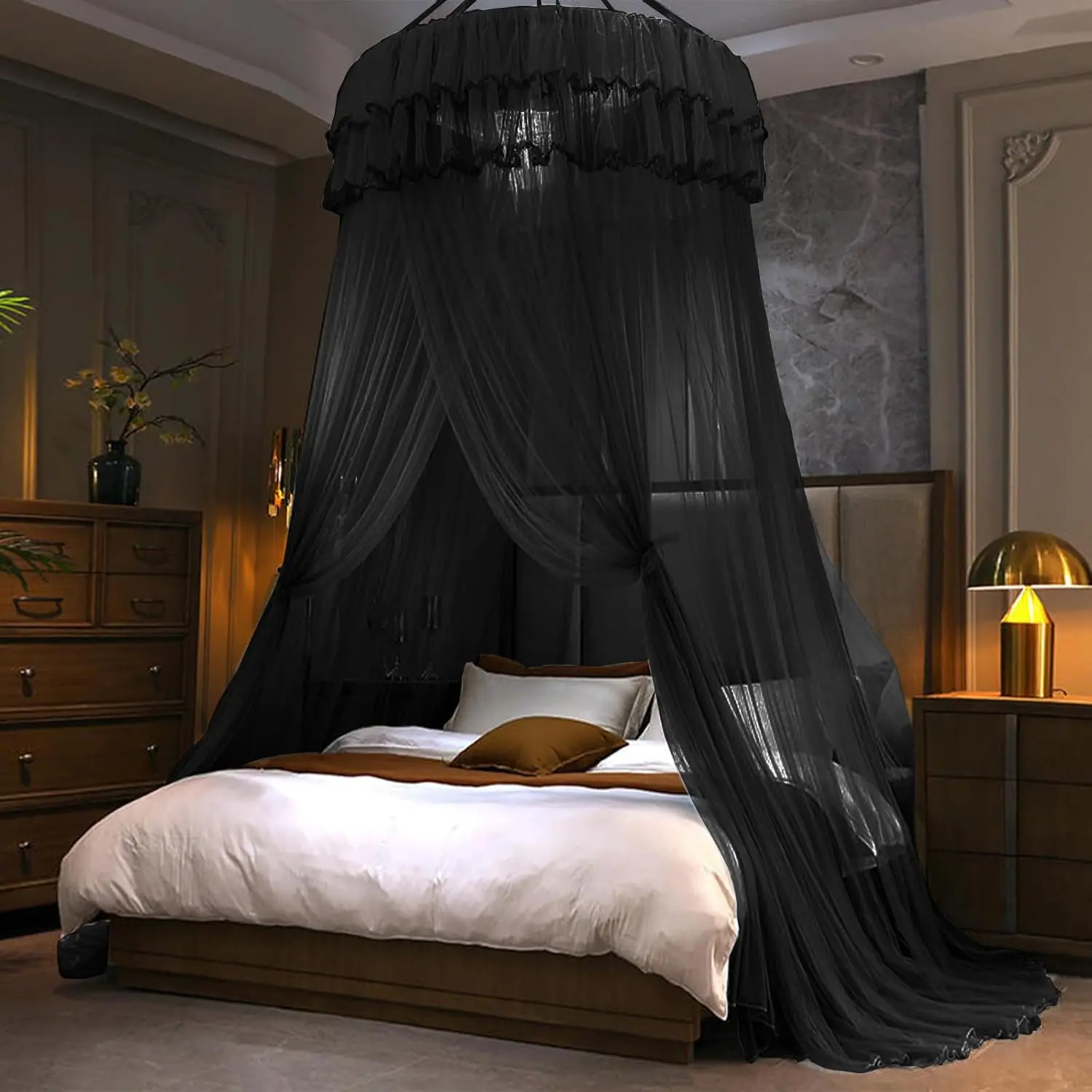 Black Polyester Anti Mosquito Bed Net - Round Fine Sheer Mesh Dome Canopy, Girls' Decor for Twin, Full, Queen, King Beds, Twin Beds
