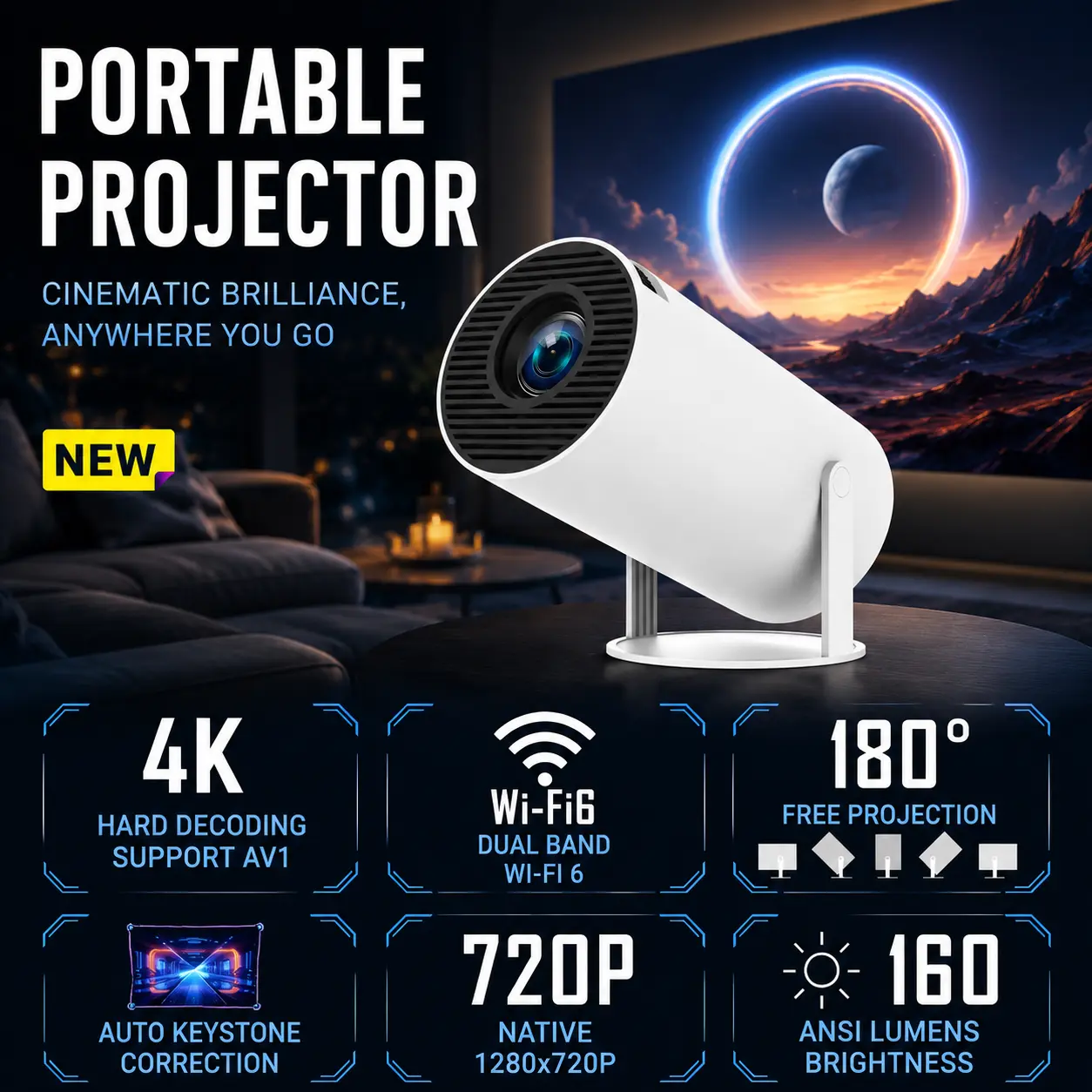 Smart Mini Projector, WiFi Bluetooth with Android TV, 180° Rotatable Short Throw, Auto Keystone, Portable Home Theater for Outdoor Camping, Compatible with Phone Laptop TV Stick