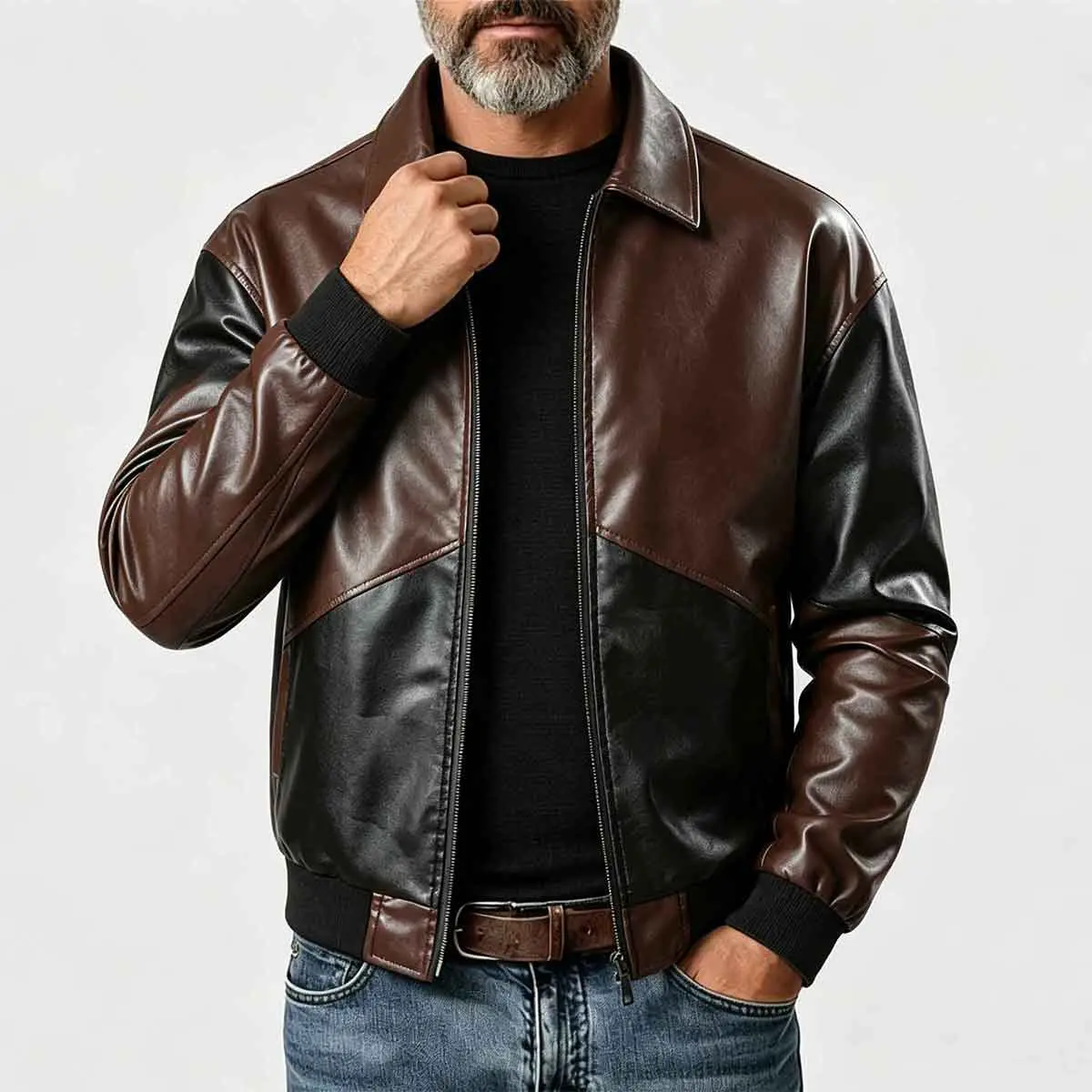 Men's two-color spliced leather flight jacket, with a full zipper design on the collar and collar, made of contrasting brown and black fabrics, and featuring elastic knitted cuffs and hem. Loose fit retro pilot jacket